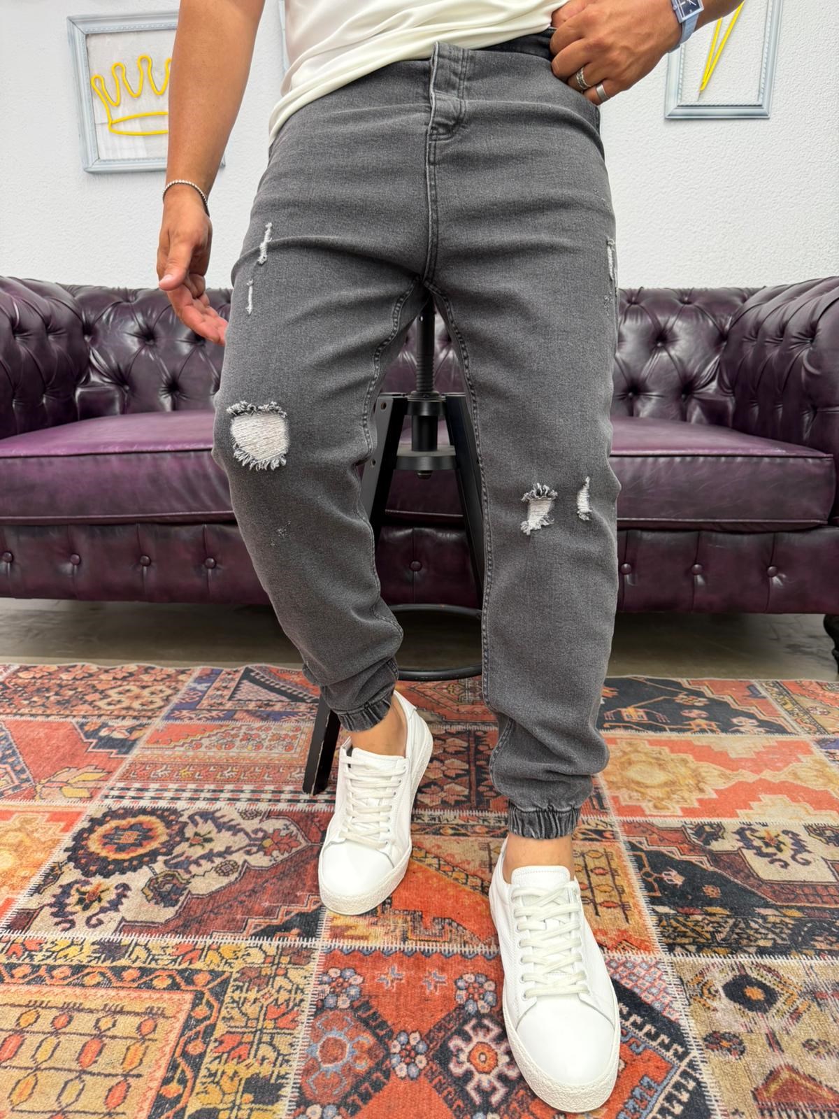 Lazer Yırtıklı Paça Lastikli Kot Jogger Antrasit