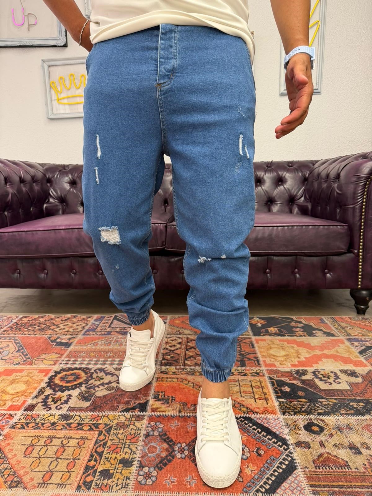 Lazer Yırtıklı Paça Lastikli Kot Jogger Mavi