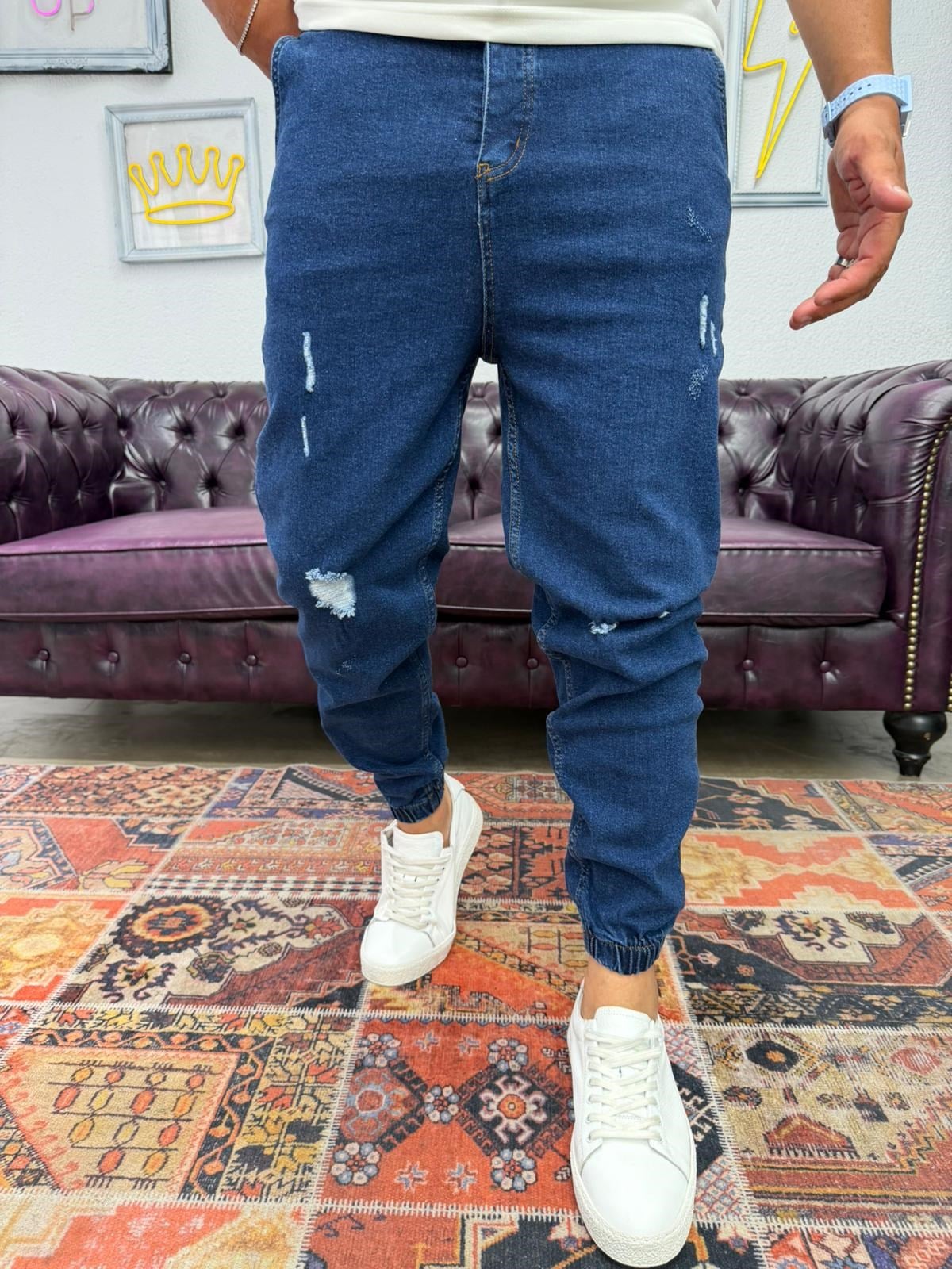 Lazer Yırtıklı Paça Lastikli Kot Jogger Lacivert