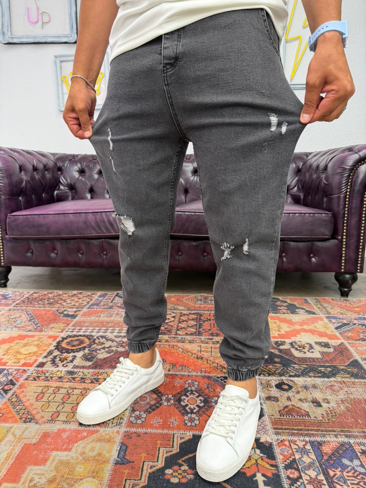 Lazer Yırtıklı Paça Lastikli Kot Jogger Antrasit