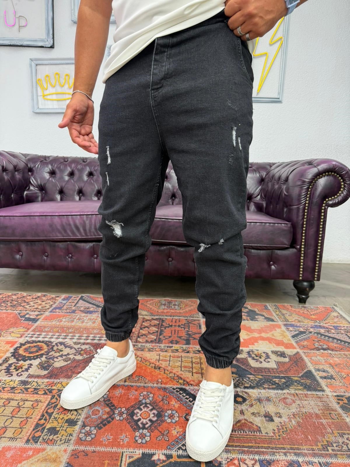 Lazer Yırtıklı Paça Lastikli Kot Jogger Siyah