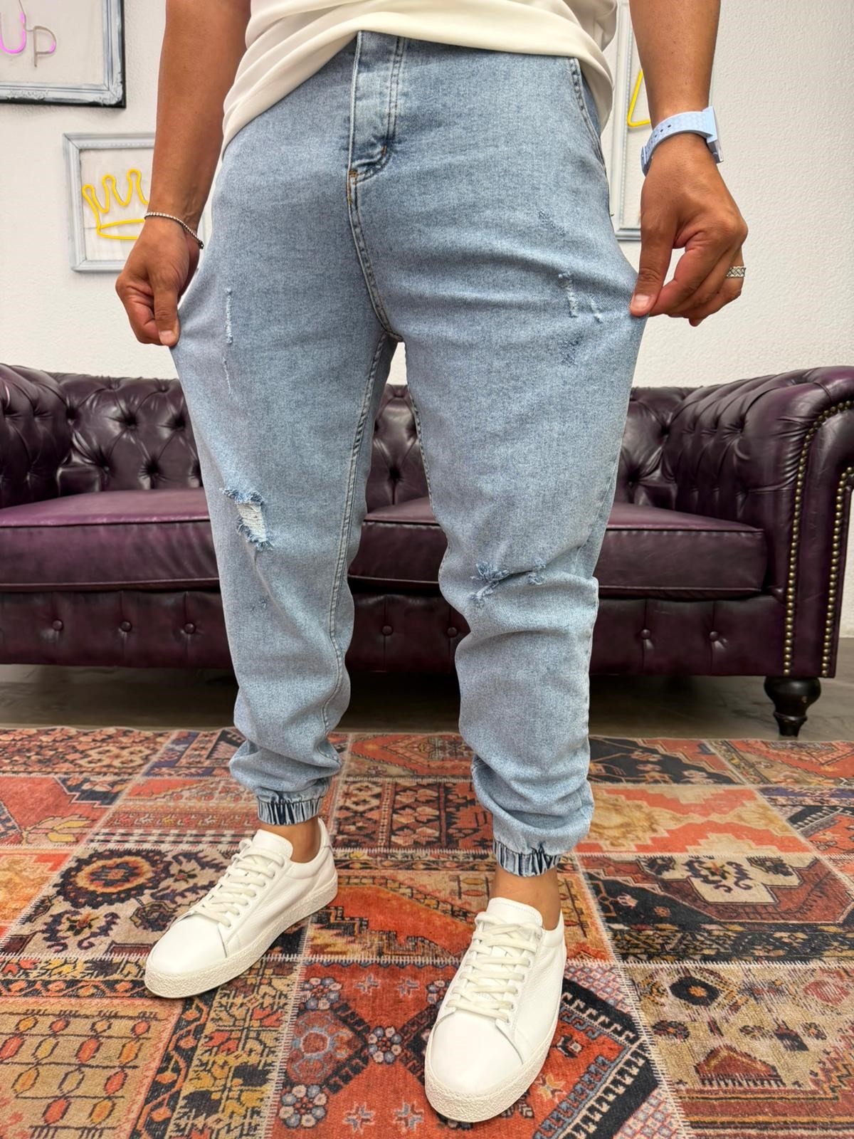 Lazer Yırtıklı Paça Lastikli Kot Jogger Buz Mavi