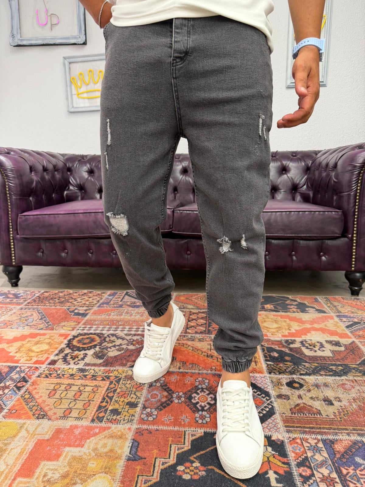 Lazer Yırtıklı Paça Lastikli Kot Jogger Antrasit