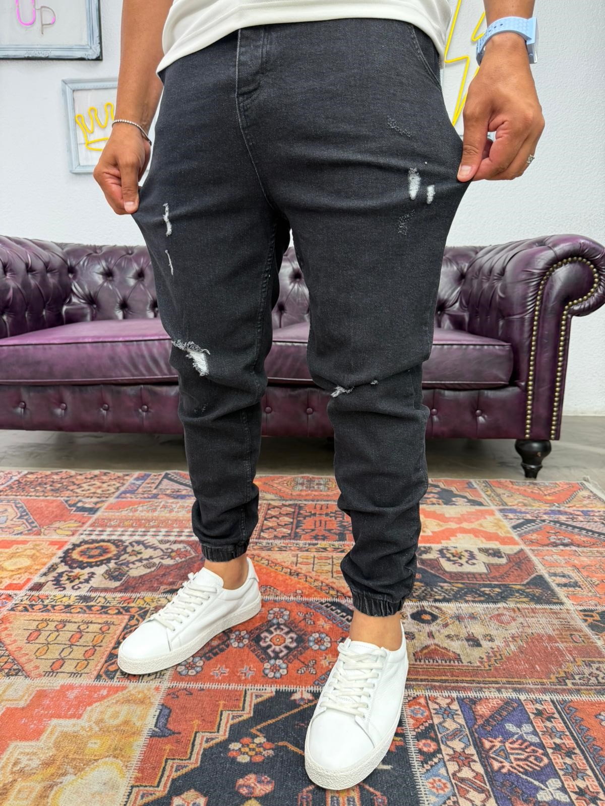 Lazer Yırtıklı Paça Lastikli Kot Jogger Siyah