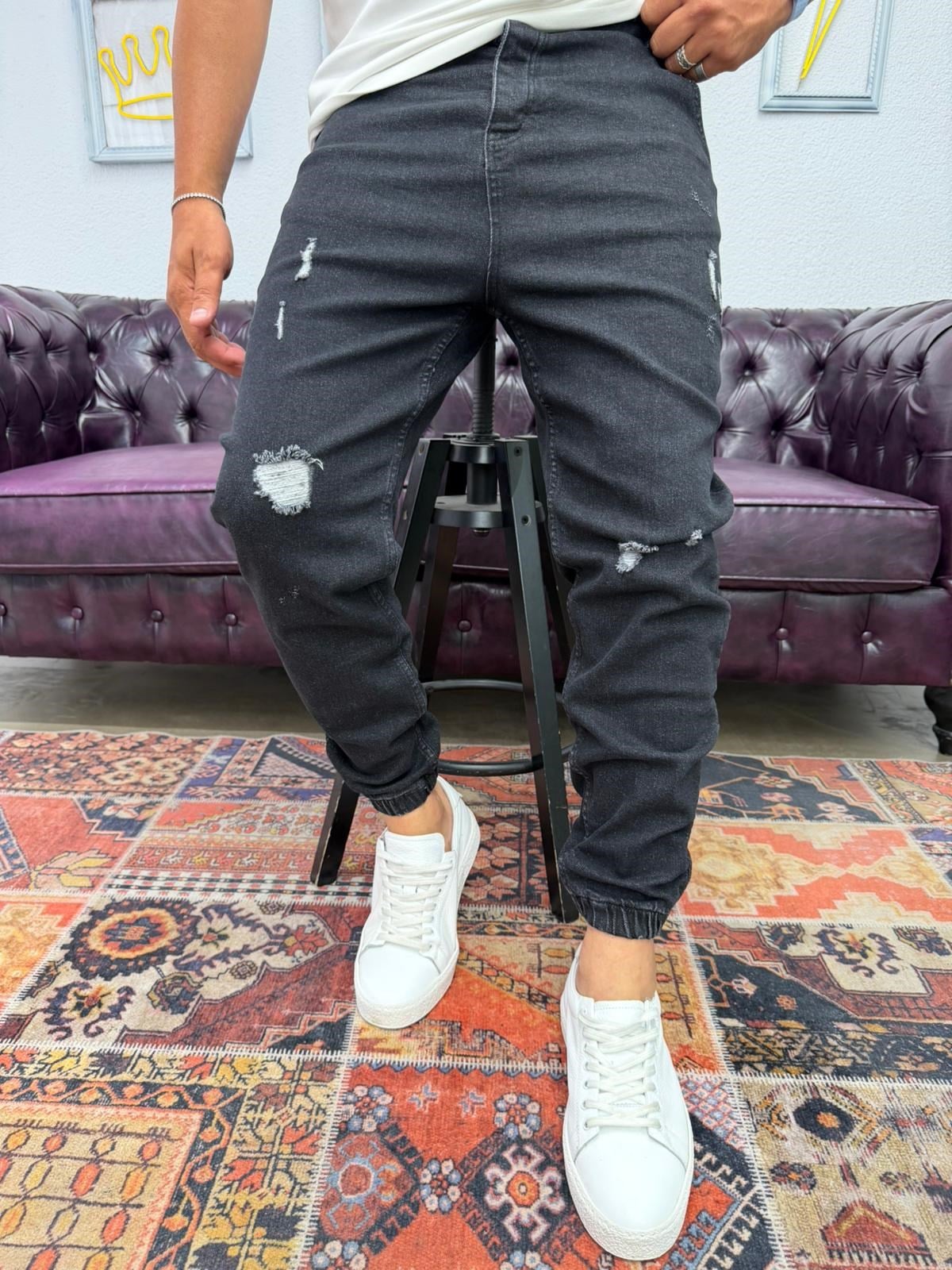 Lazer Yırtıklı Paça Lastikli Kot Jogger Siyah