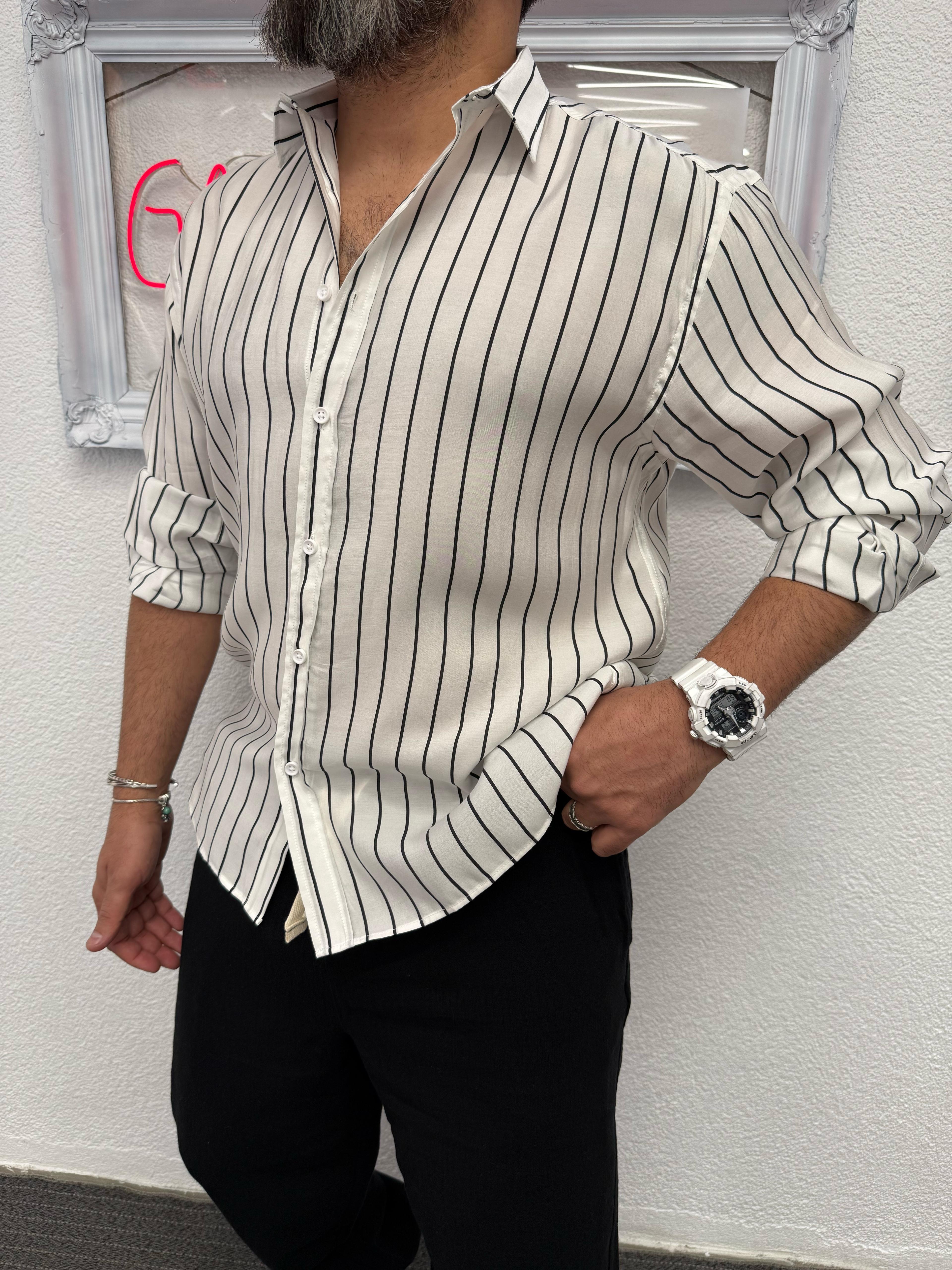 Modal Kumaş Oversize Gömlek  Siyah Çizgili 