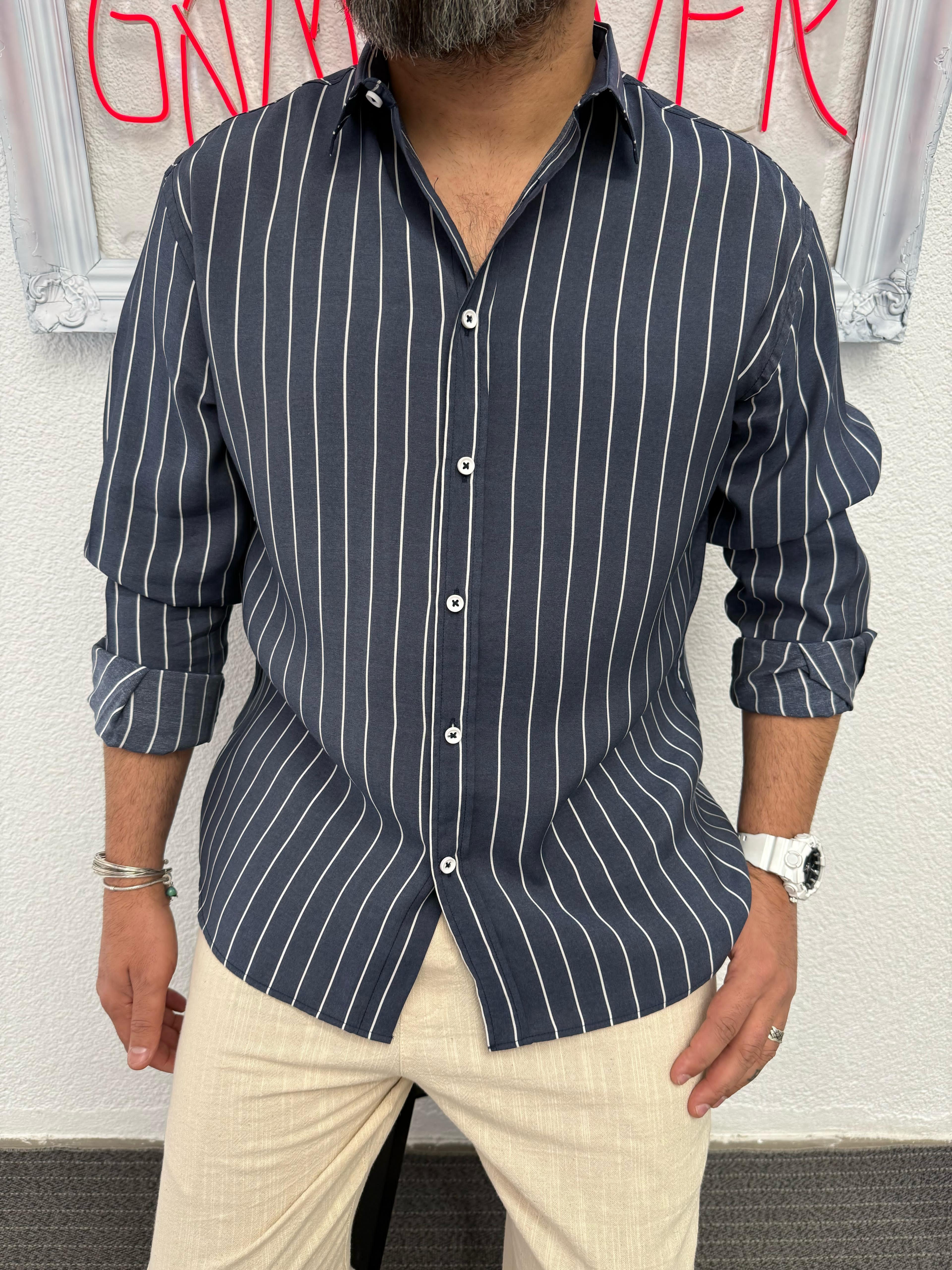 Modal Kumaş Oversize Lacivert  Beyaz Çizgili Gömlek 