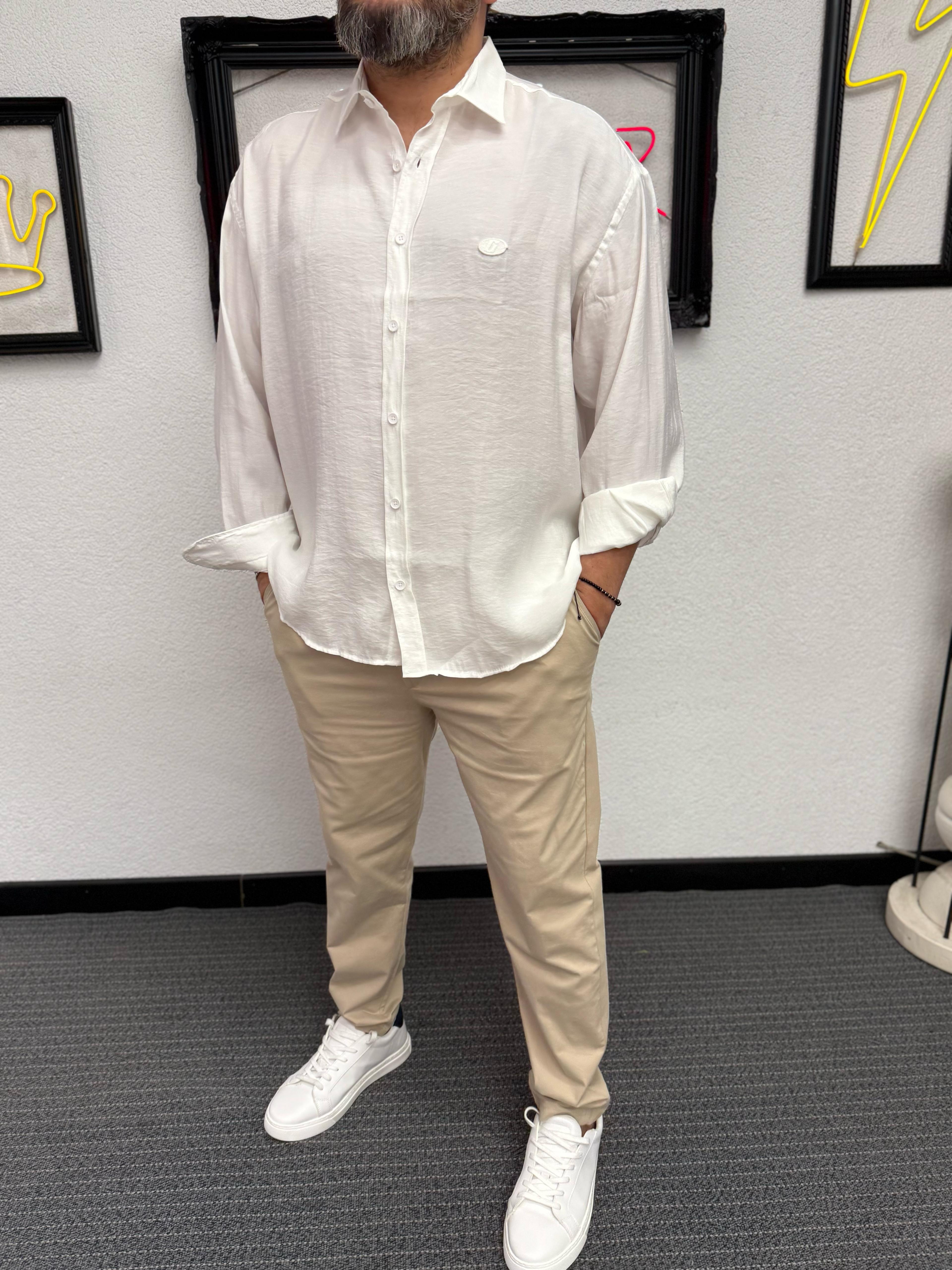 Modal Kumaş Oversize Likrali Gömlek Beyaz