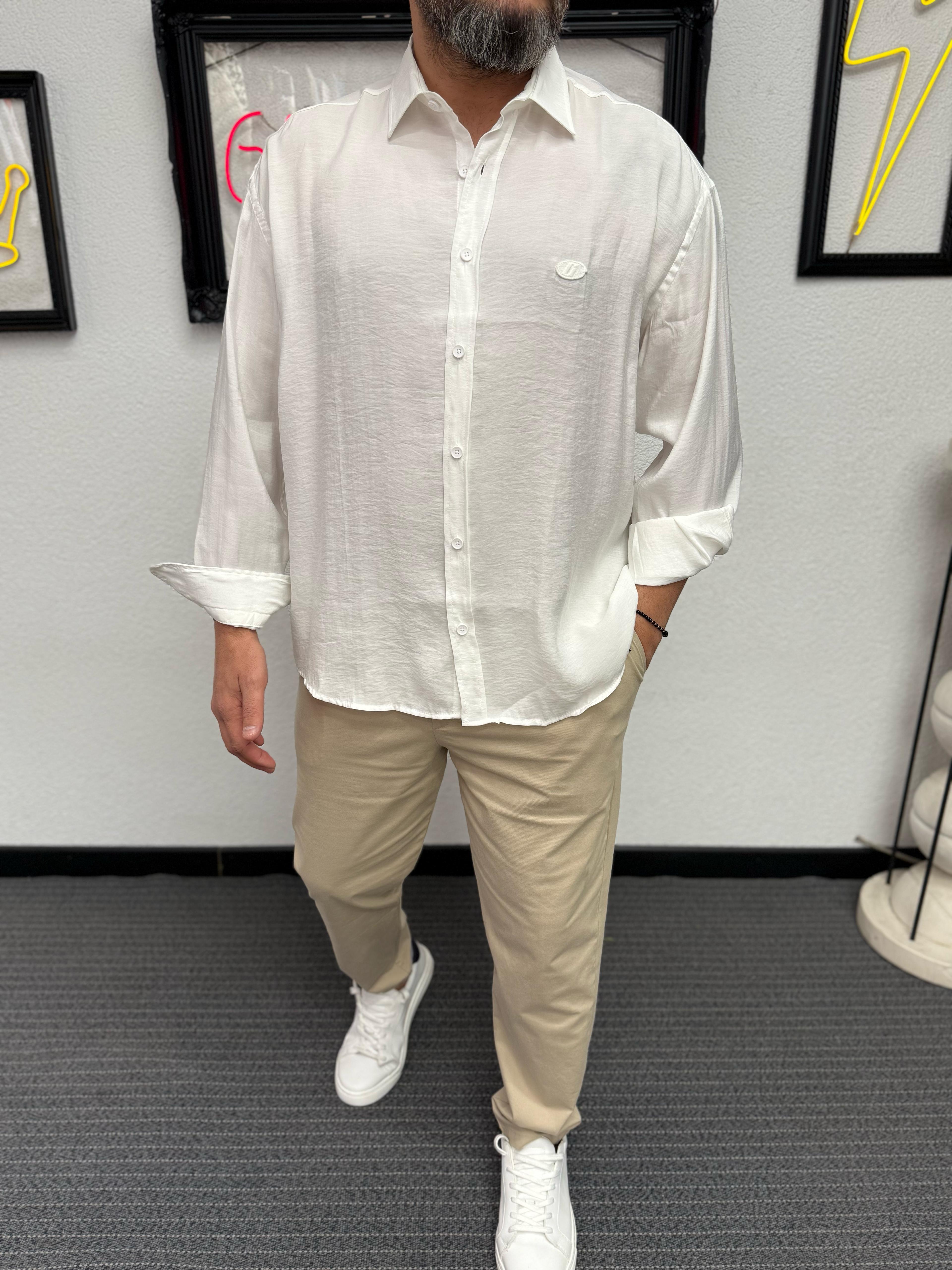 Modal Kumaş Oversize Likrali Gömlek Beyaz