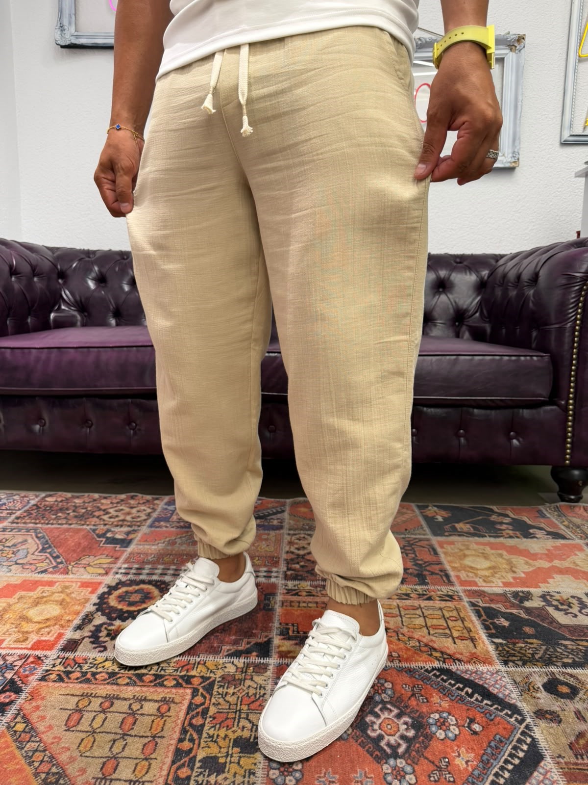 Müslin Kumaş Paça Lastik Jogger Pantolon Bej