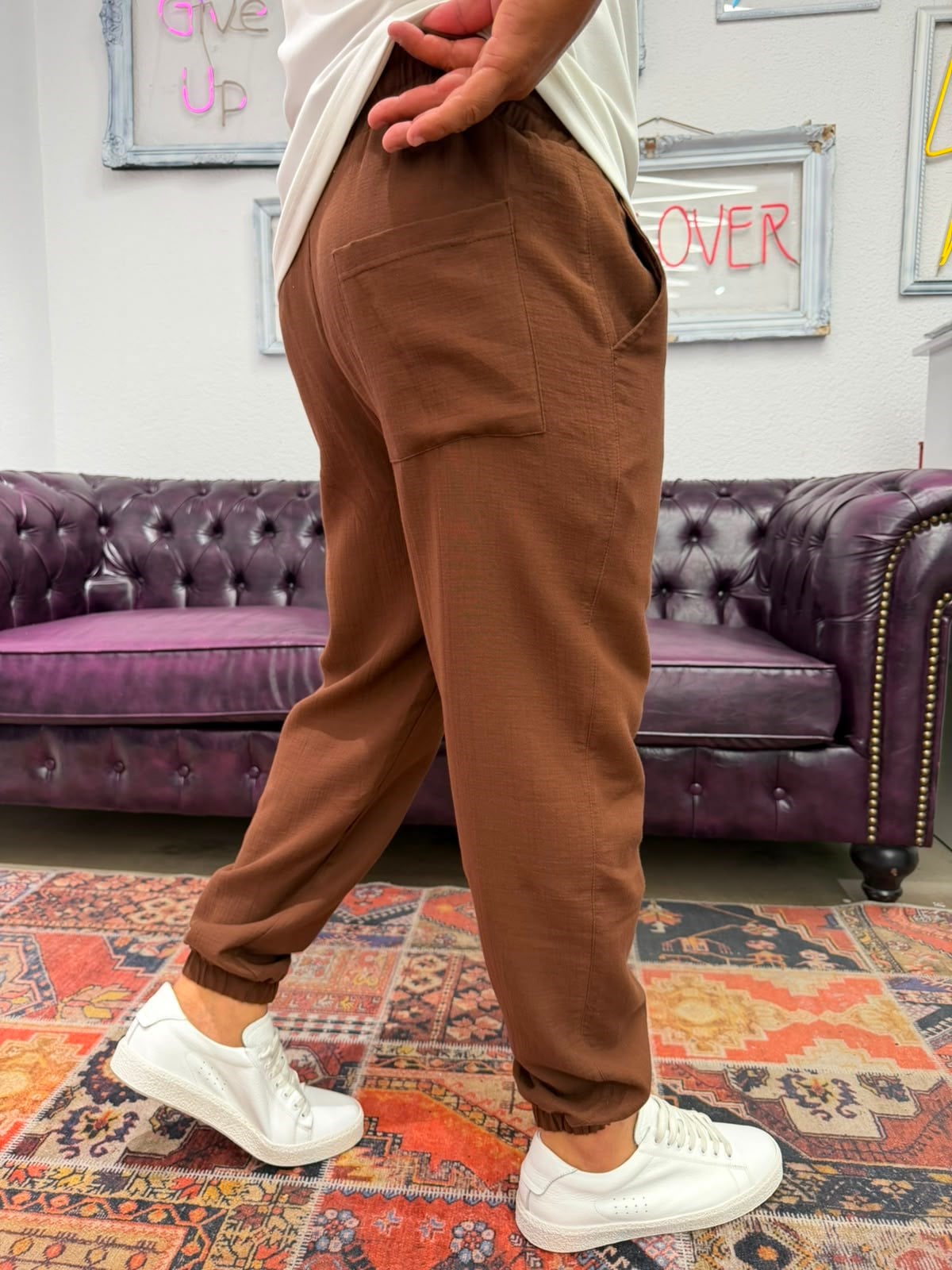 Müslin Kumaş Paça Lastik Jogger Pantolon Kahverengi