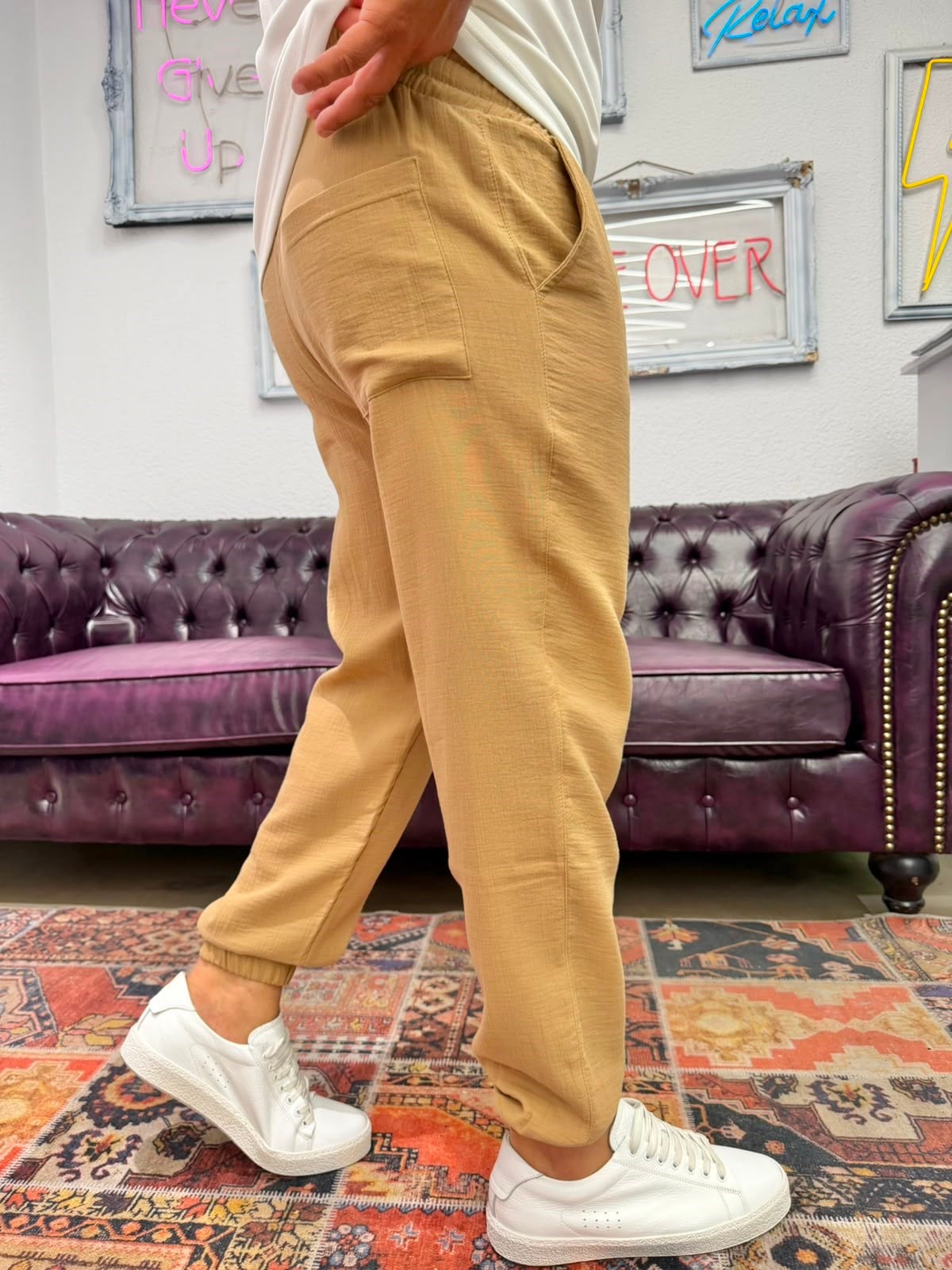 Müslin Kumaş Paça Lastik Jogger Pantolon Camel