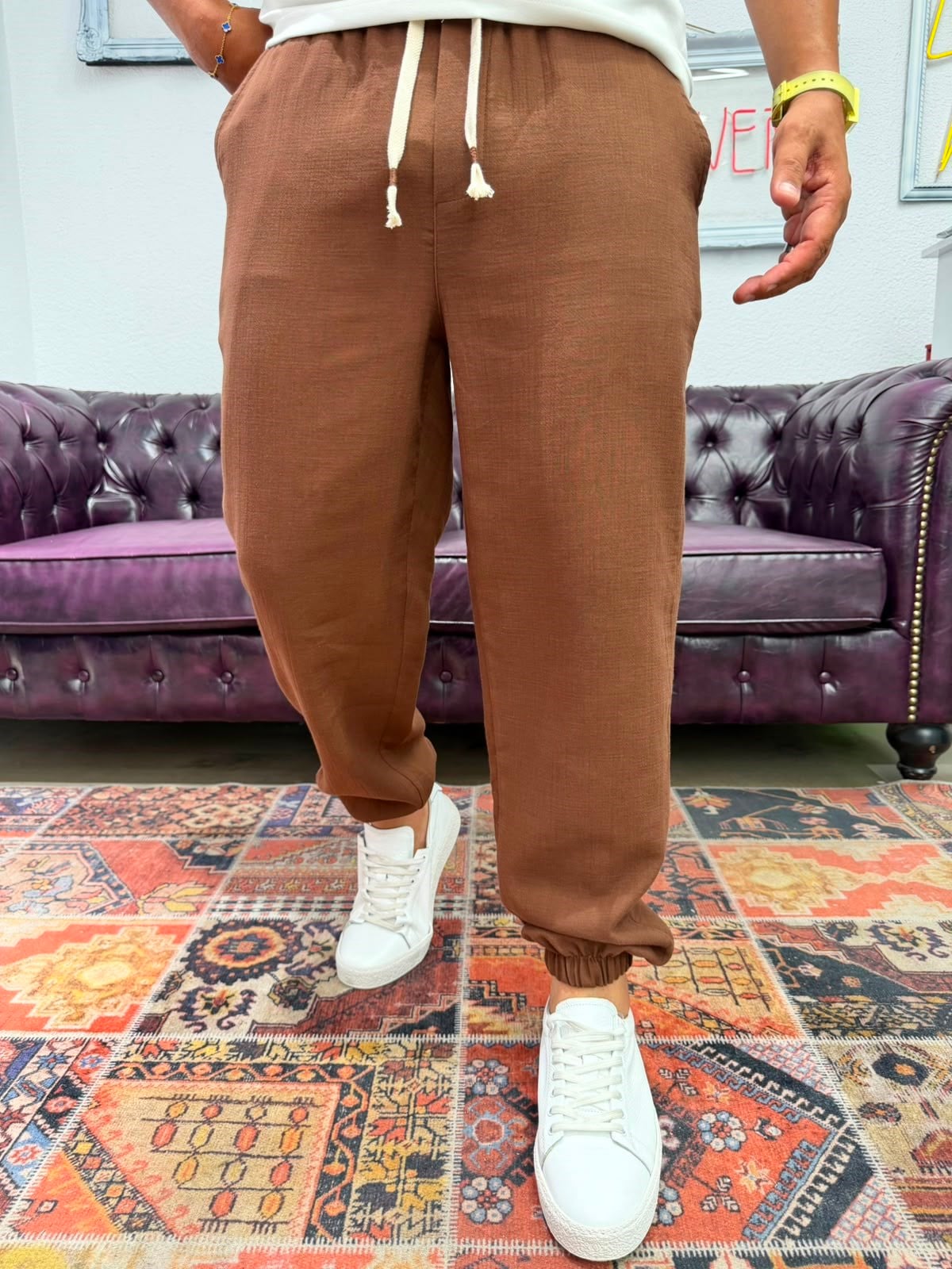 Müslin Kumaş Paça Lastik Jogger Pantolon Kahverengi