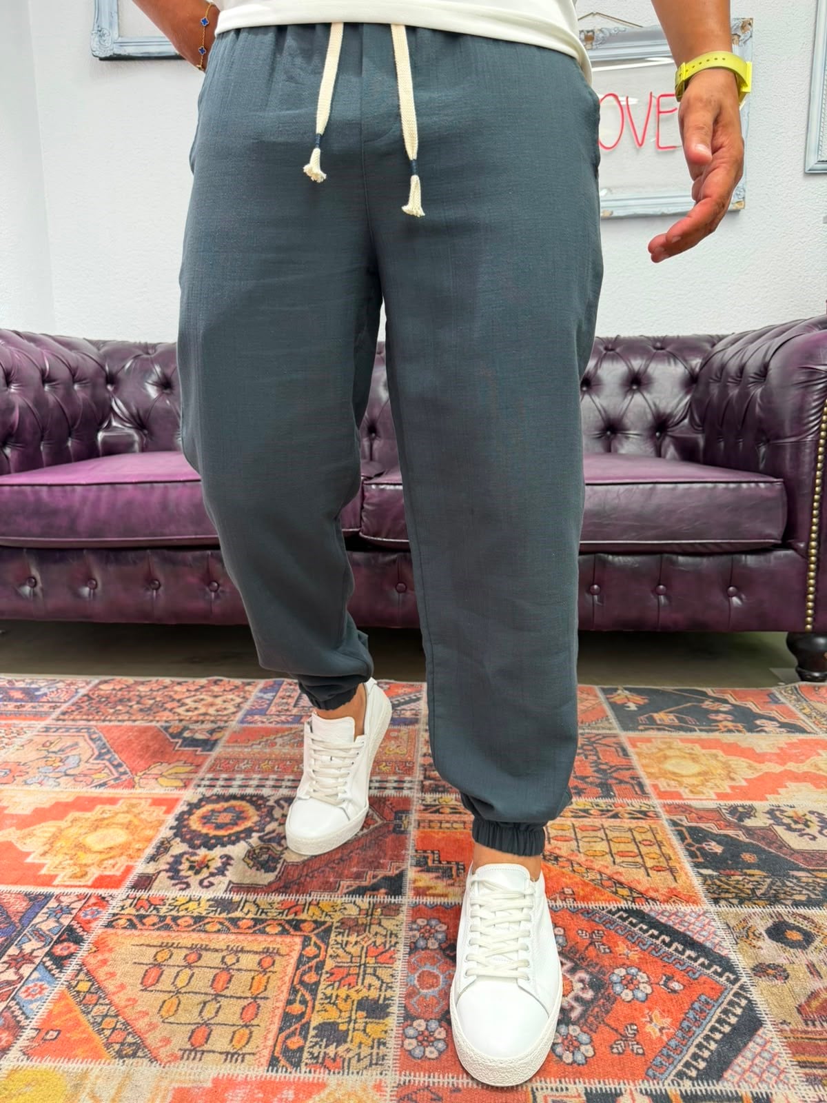 Müslin Kumaş Paça Lastik Jogger Pantolon Antrasit