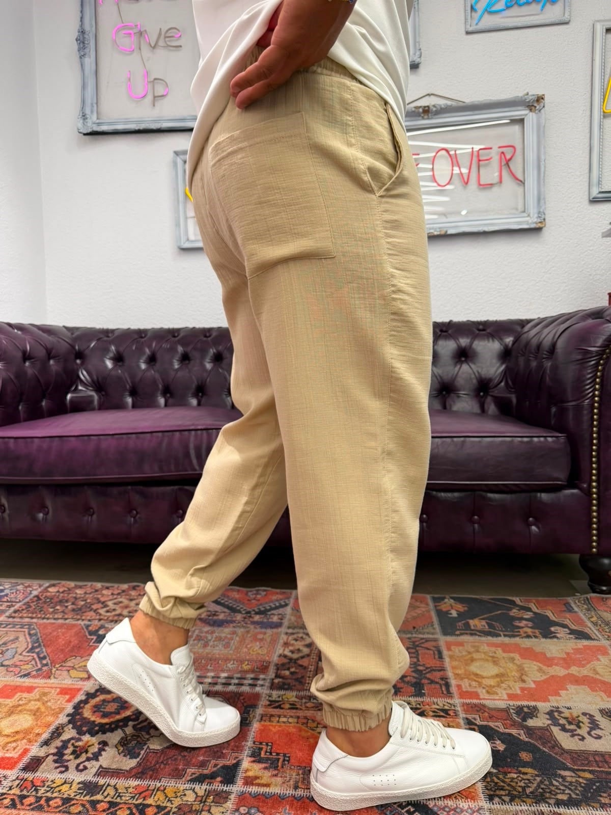 Müslin Kumaş Paça Lastik Jogger Pantolon Bej