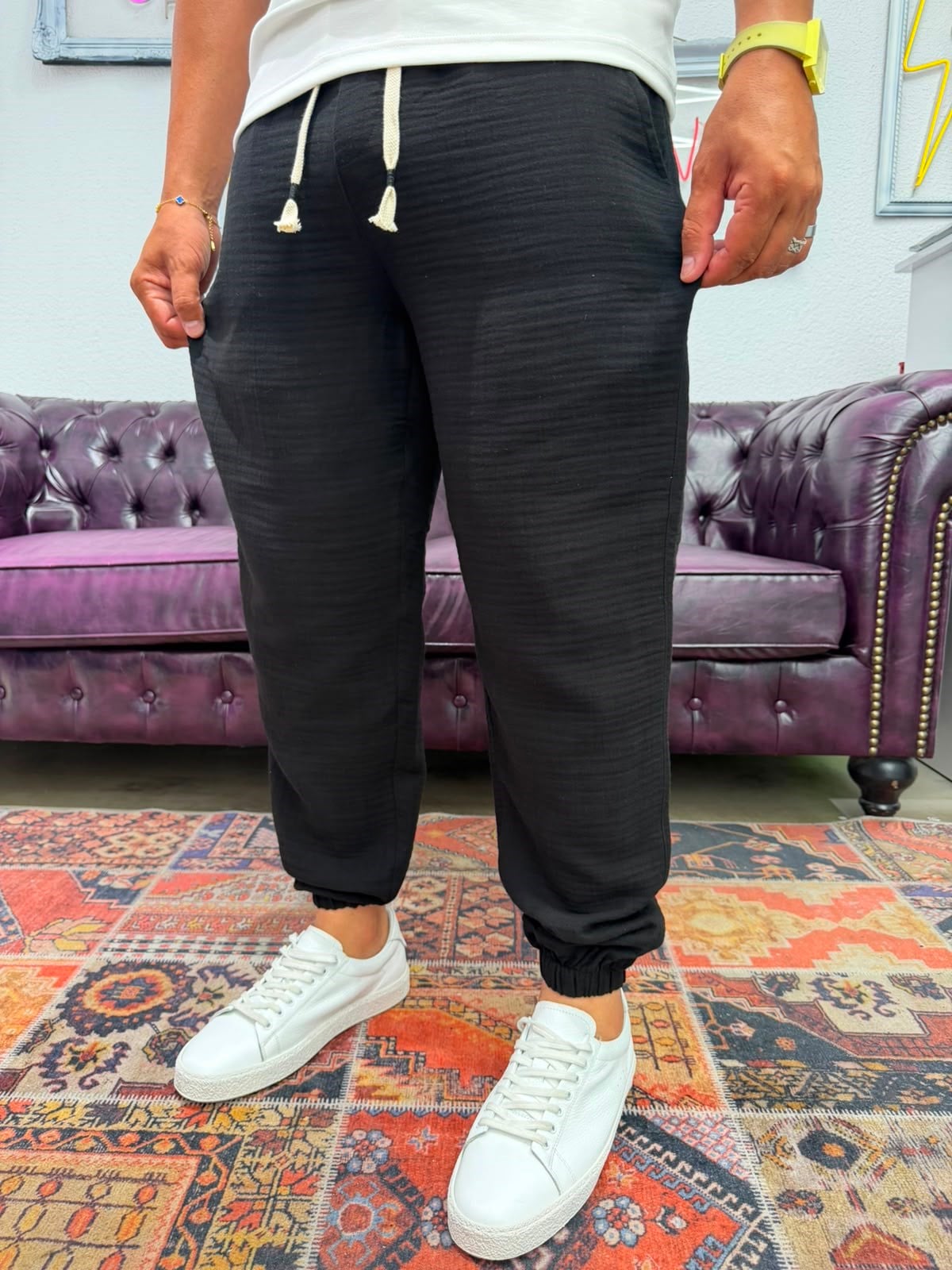 Müslin Kumaş Paça Lastik Jogger Pantolon Siyah