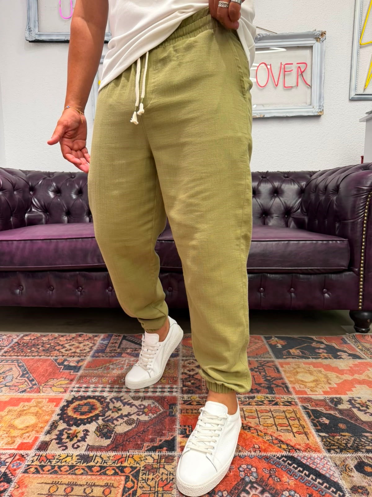 Müslin Kumaş Paça Lastik Jogger Pantolon Yeşil