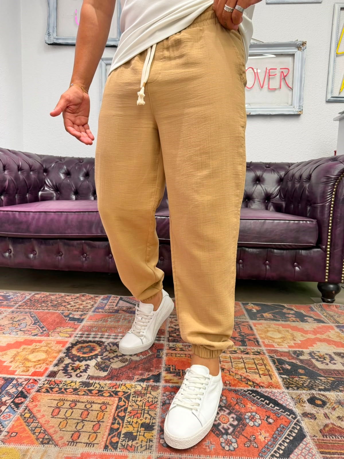 Müslin Kumaş Paça Lastik Jogger Pantolon Camel