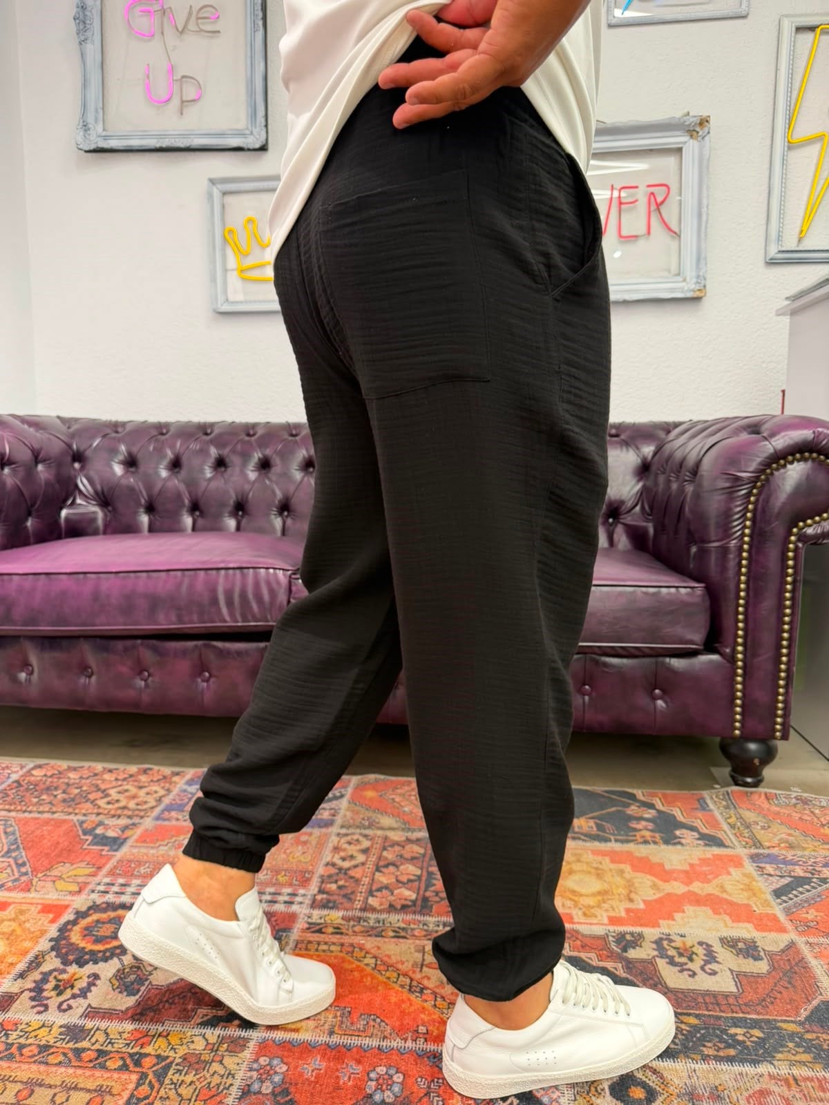 Müslin Kumaş Paça Lastik Jogger Pantolon Siyah