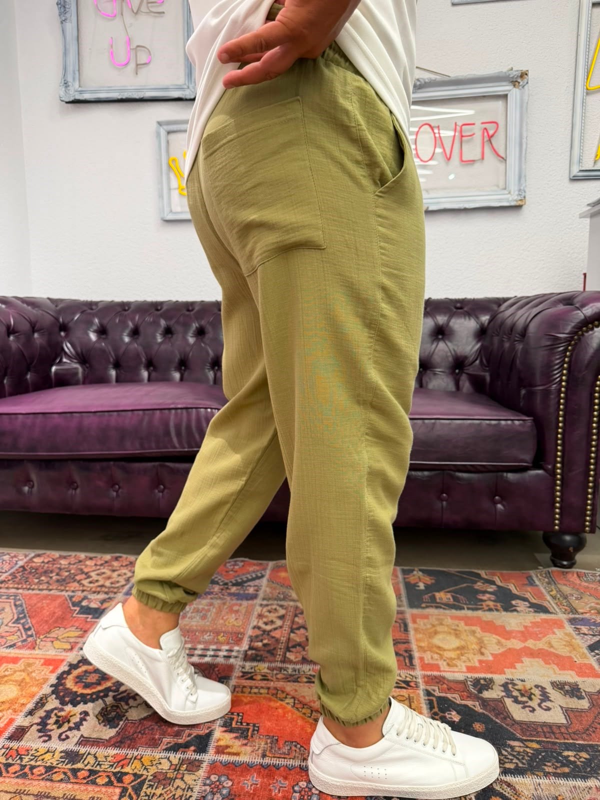 Müslin Kumaş Paça Lastik Jogger Pantolon Yeşil