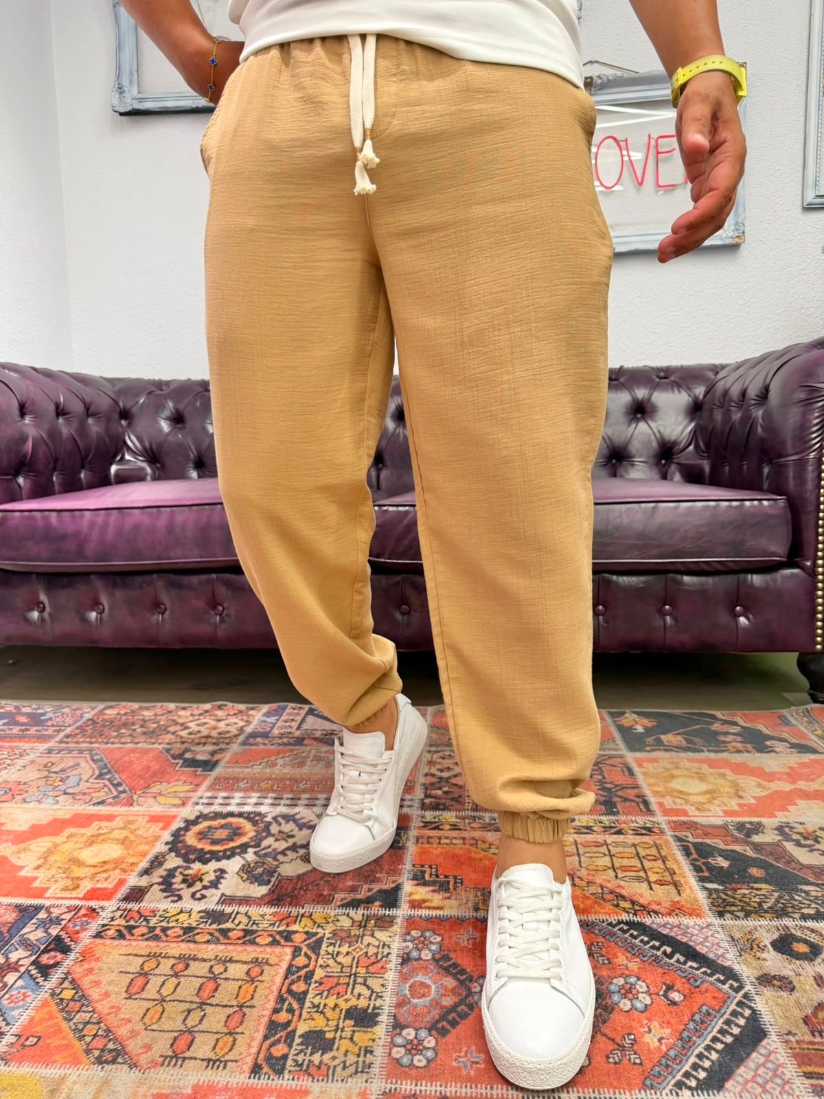 Müslin Kumaş Paça Lastik Jogger Pantolon Camel