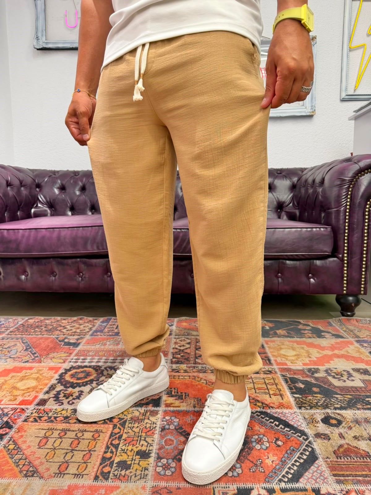 Müslin Kumaş Paça Lastik Jogger Pantolon Camel