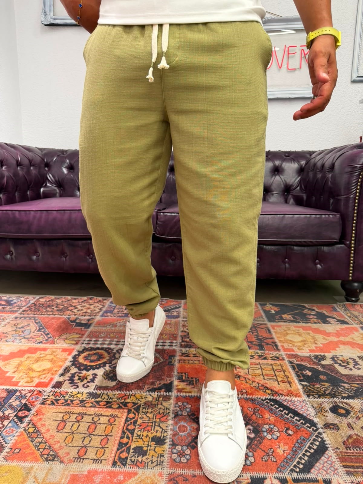 Müslin Kumaş Paça Lastik Jogger Pantolon Yeşil