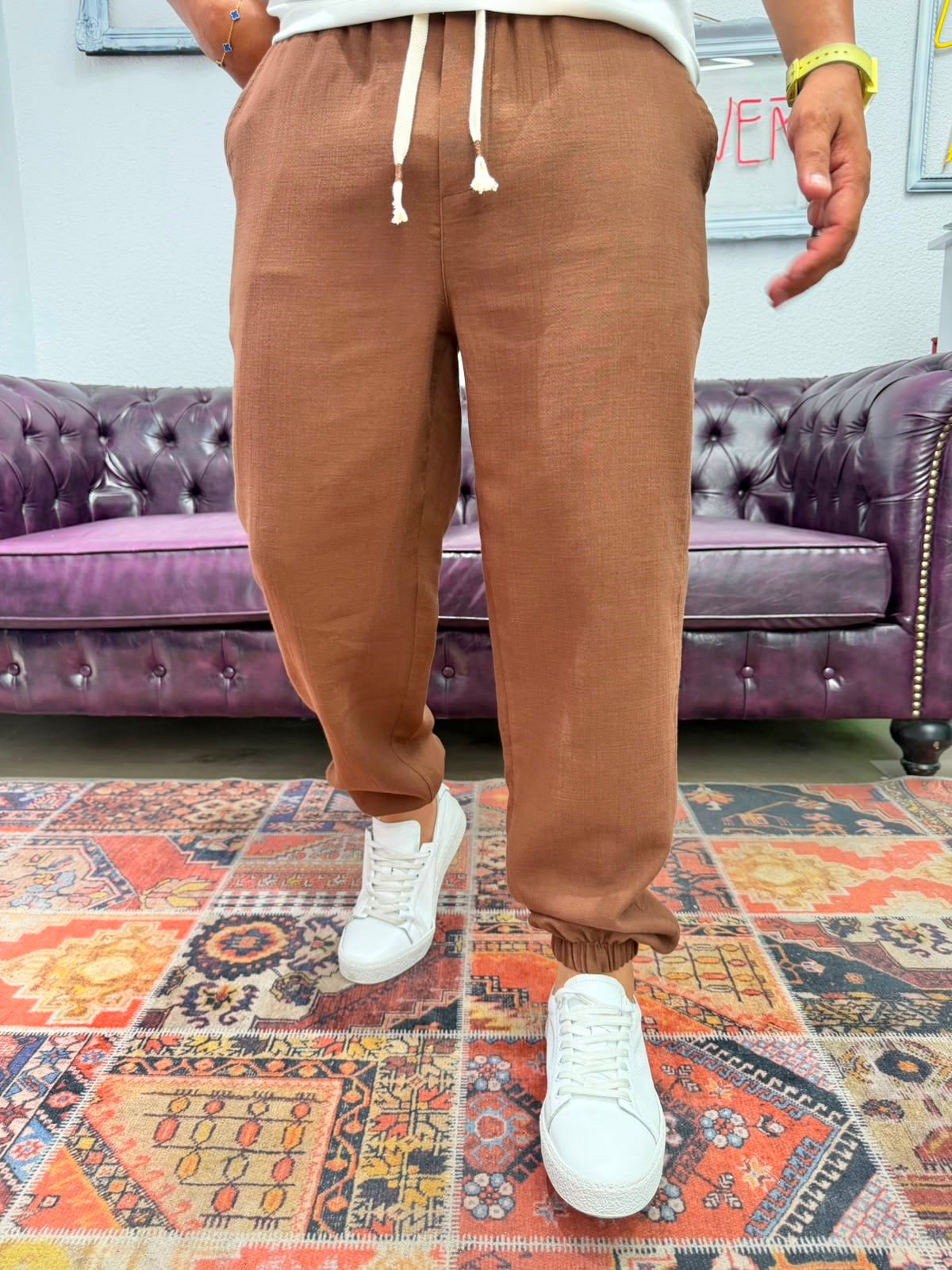 Müslin Kumaş Paça Lastik Jogger Pantolon Kahverengi