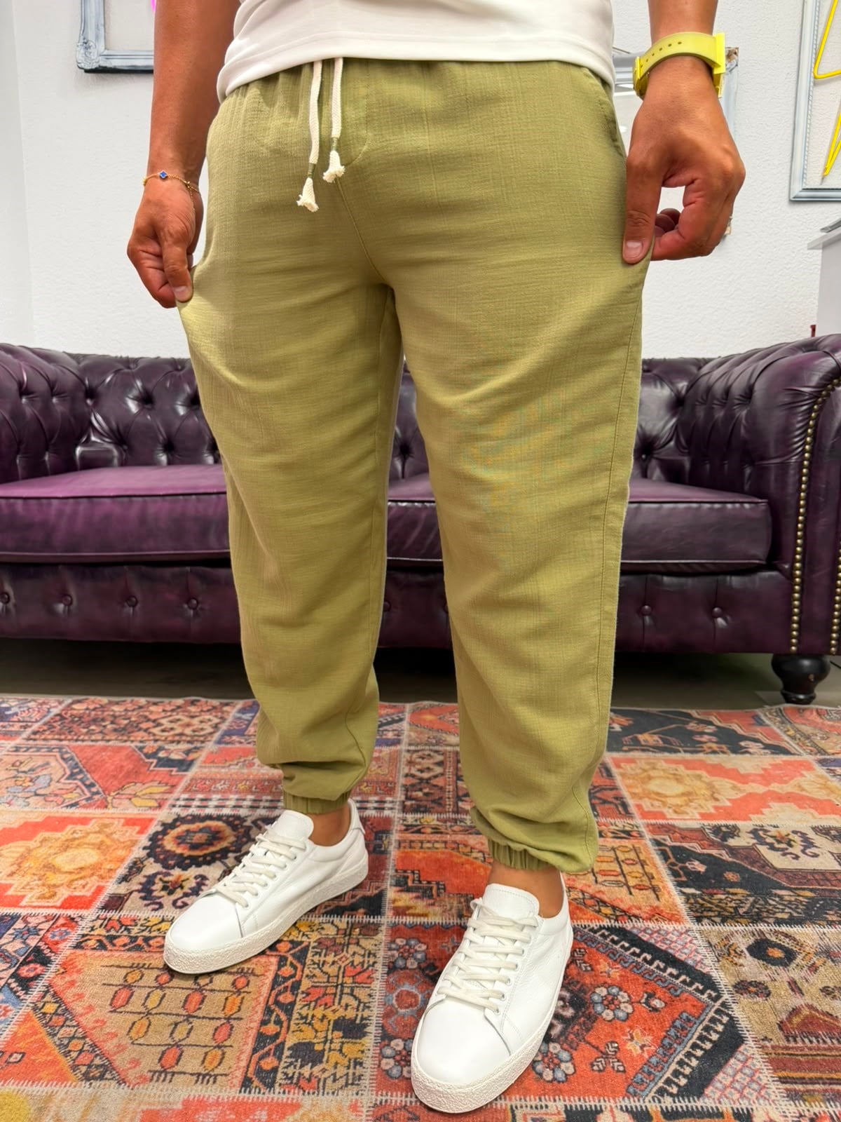 Müslin Kumaş Paça Lastik Jogger Pantolon Yeşil