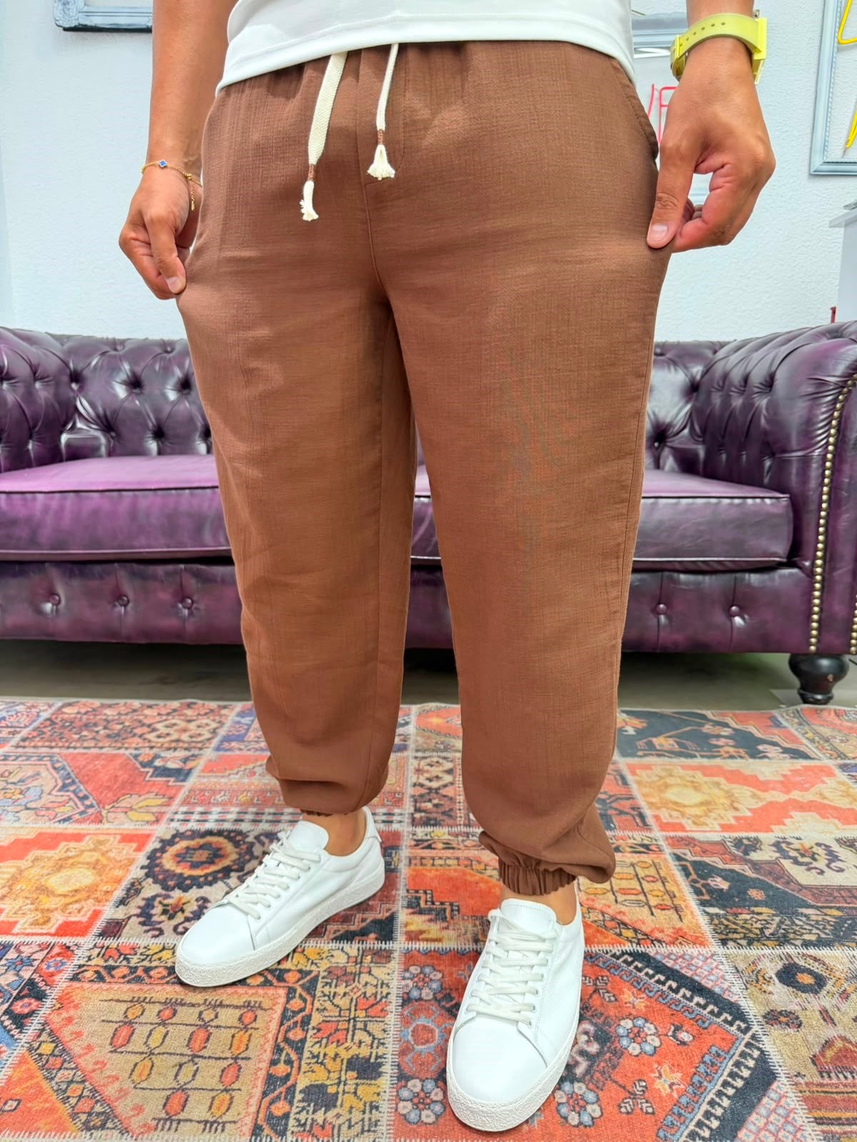 Müslin Kumaş Paça Lastik Jogger Pantolon Kahverengi