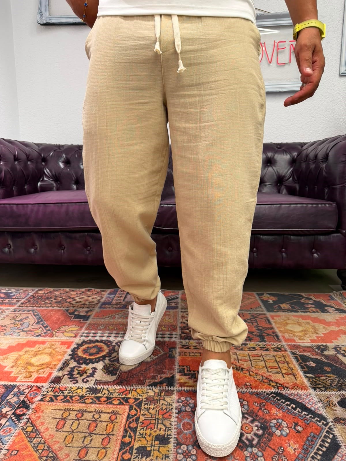 Müslin Kumaş Paça Lastik Jogger Pantolon Bej