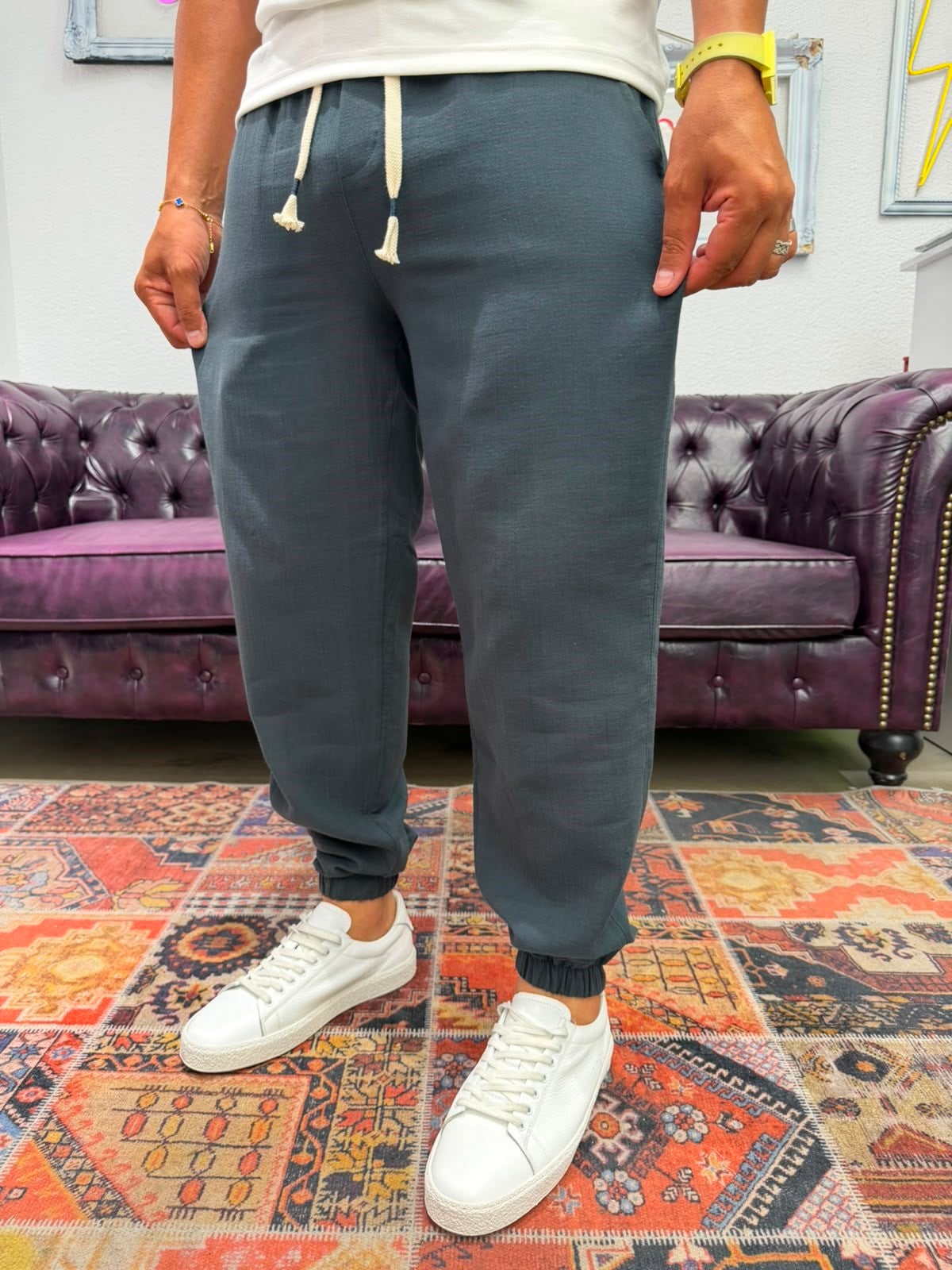 Müslin Kumaş Paça Lastik Jogger Pantolon Antrasit