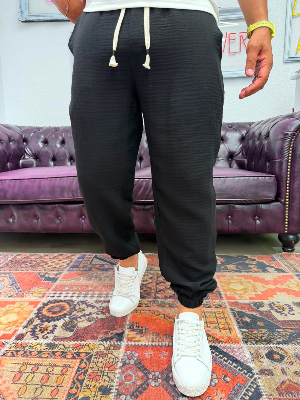 Müslin Kumaş Paça Lastik Jogger Pantolon Siyah