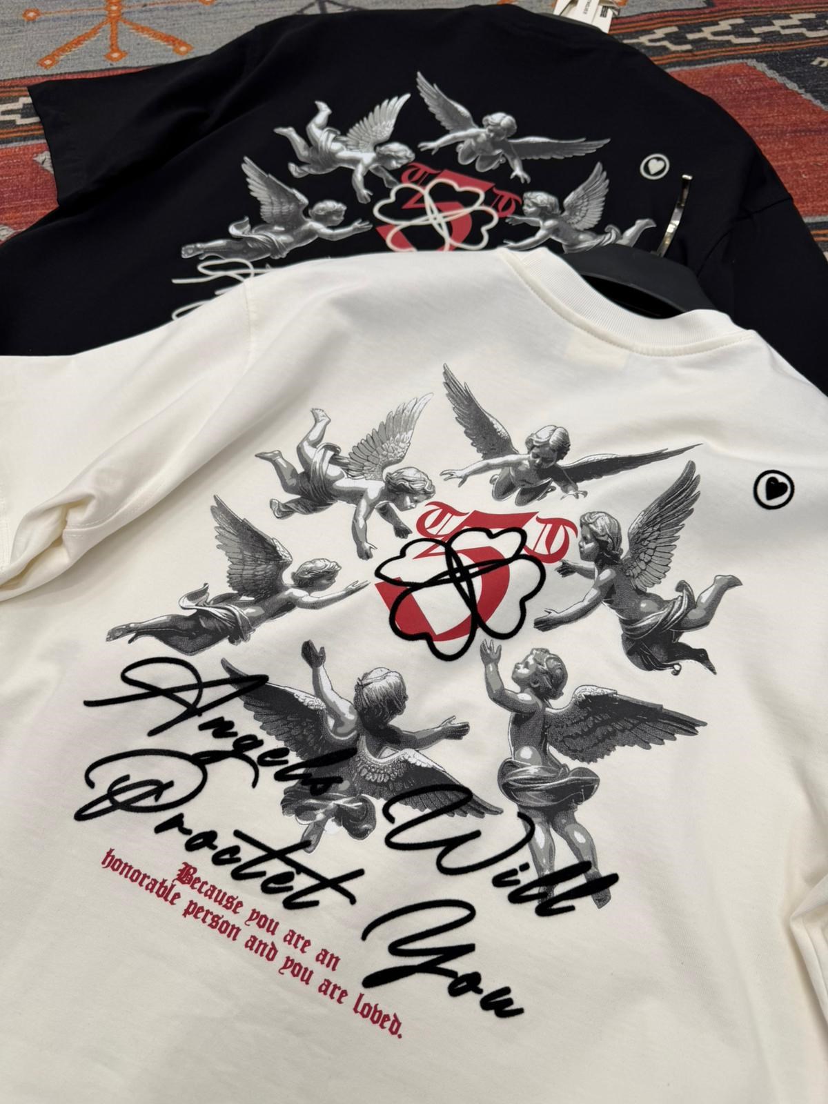 Oversize Flok Baskılı Angels Siyah