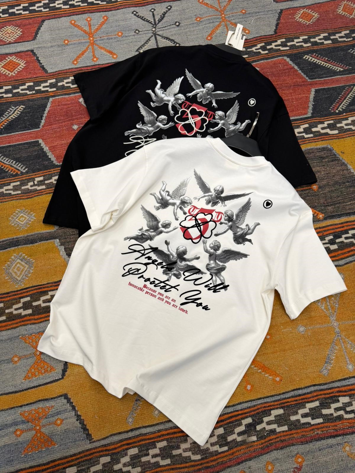 Oversize Flok Baskılı Angels Siyah