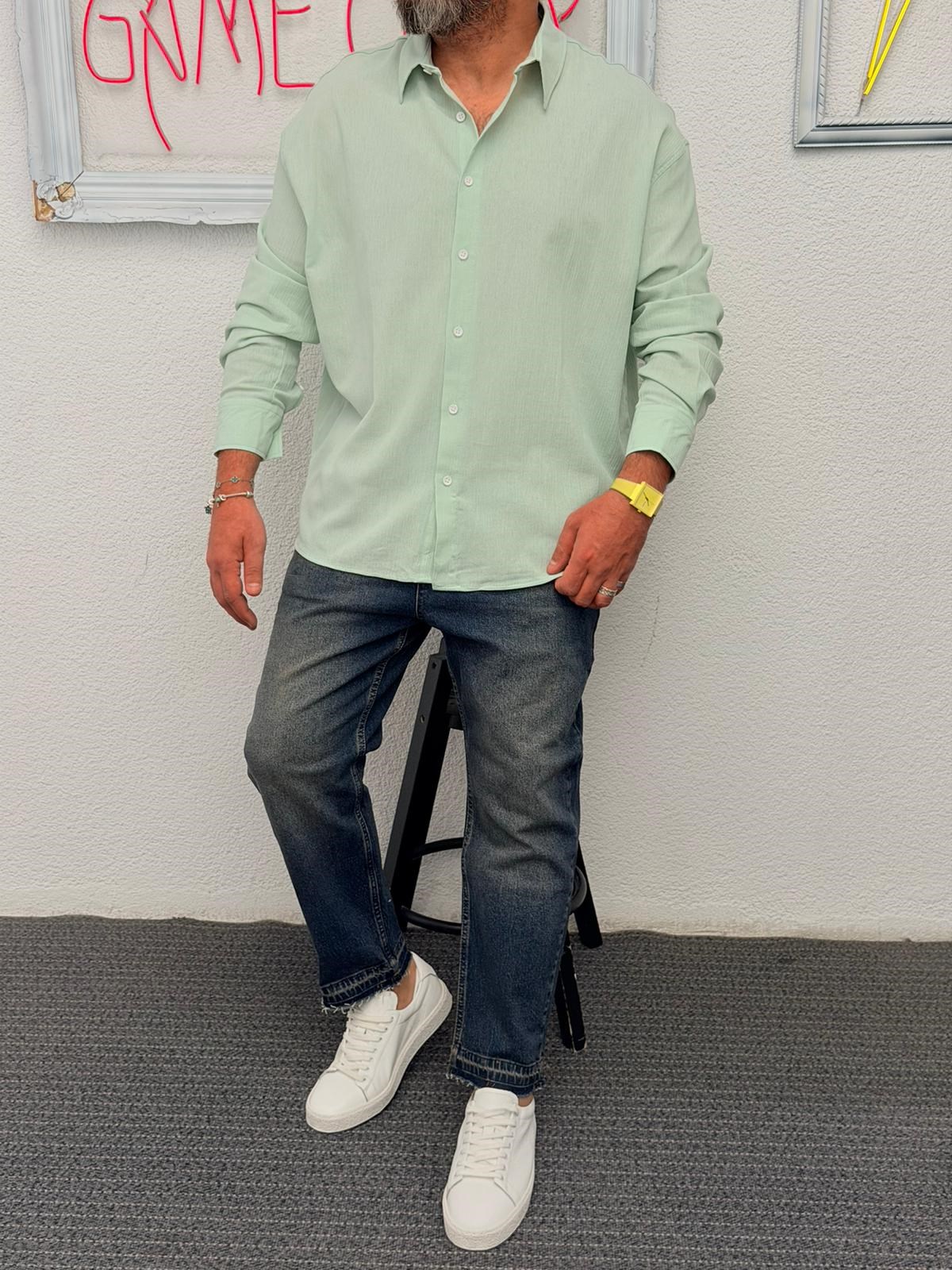 Oversize Krınkıl Gömlek Yeşil