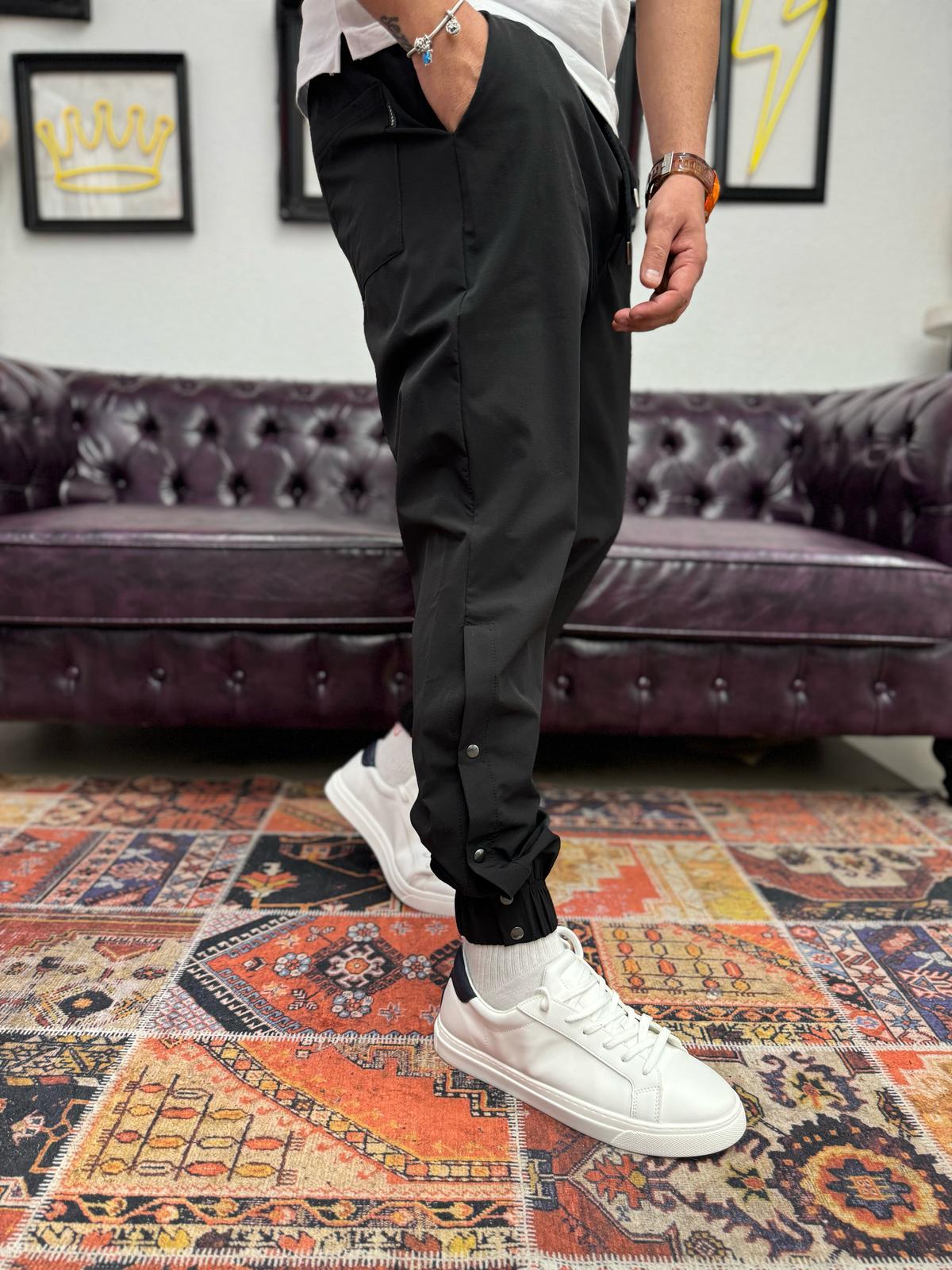 Paça Lastik Likralı Paraşüt Siyah Jogger  Pantolon