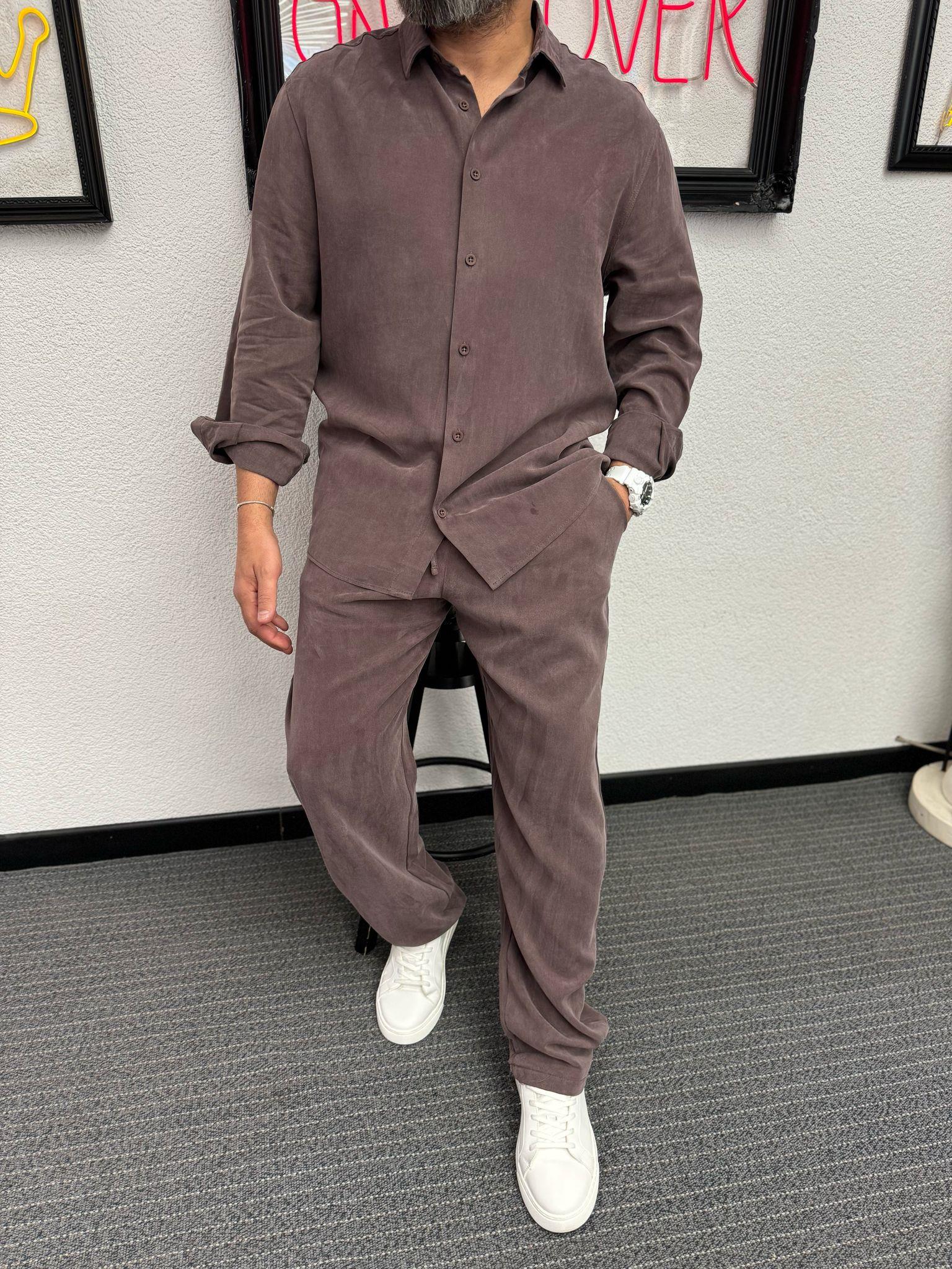 Tensel Kumaş Kahve Baggy Oversize Takım 