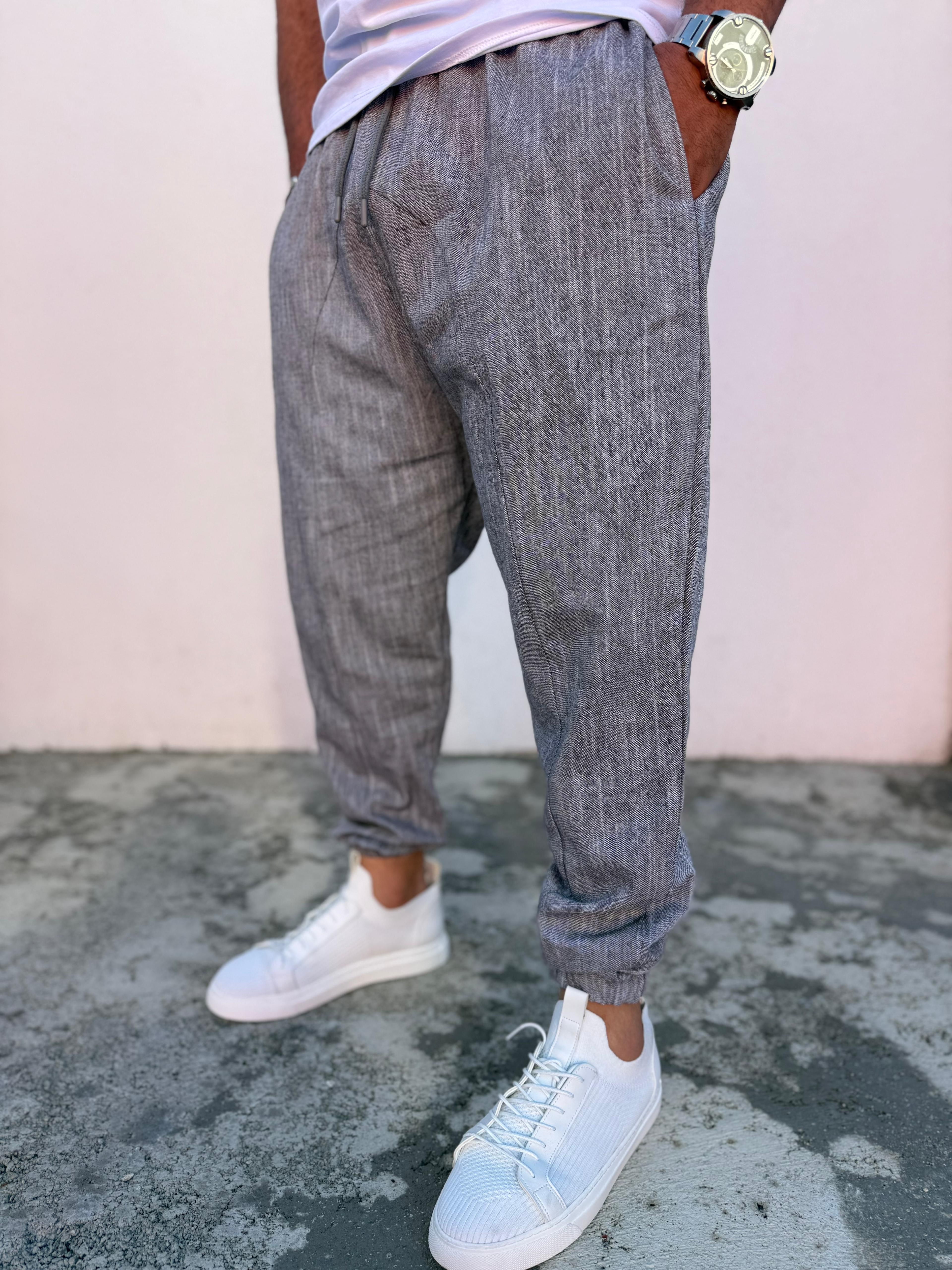 Yarım Şalvar Keten Kumaş Paça Lastikli Açık Gri