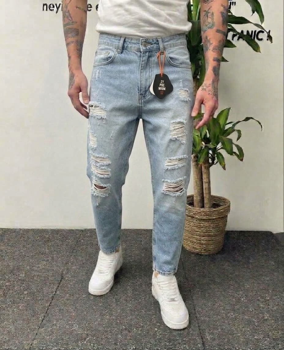 Yırtık Boyfriend Kot Buz Mavi