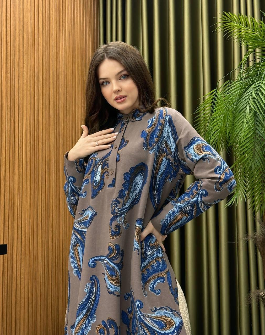 Desenli Oversize Keten Elbise Tesettür Uyumlu Keten Dokuma Elbise