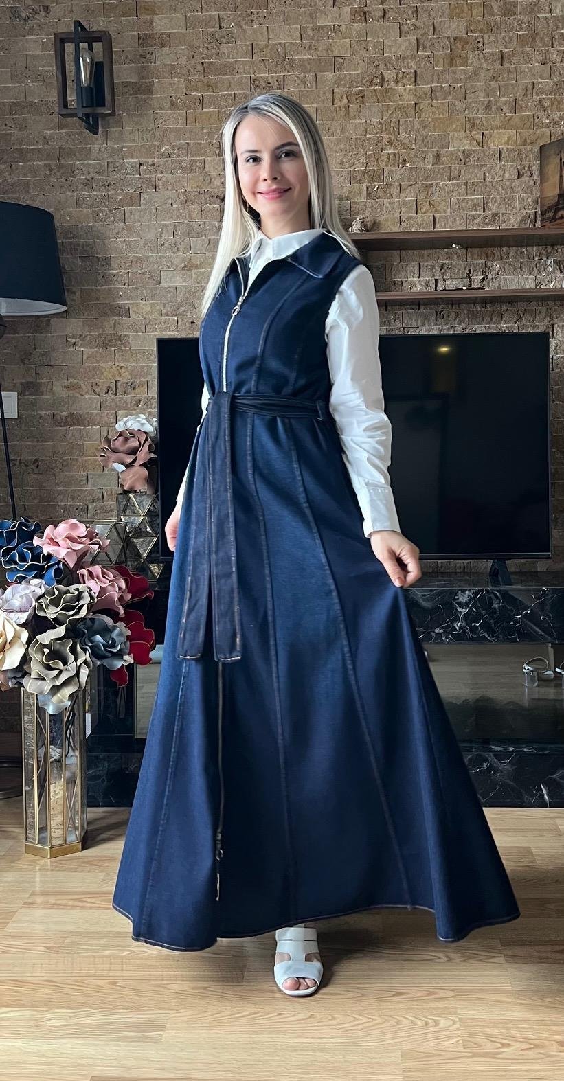 Kadın Kot Boydan Boya Fermuarlı Jile Elbise - Günlük ve Şık Tasarım Denim Elbise