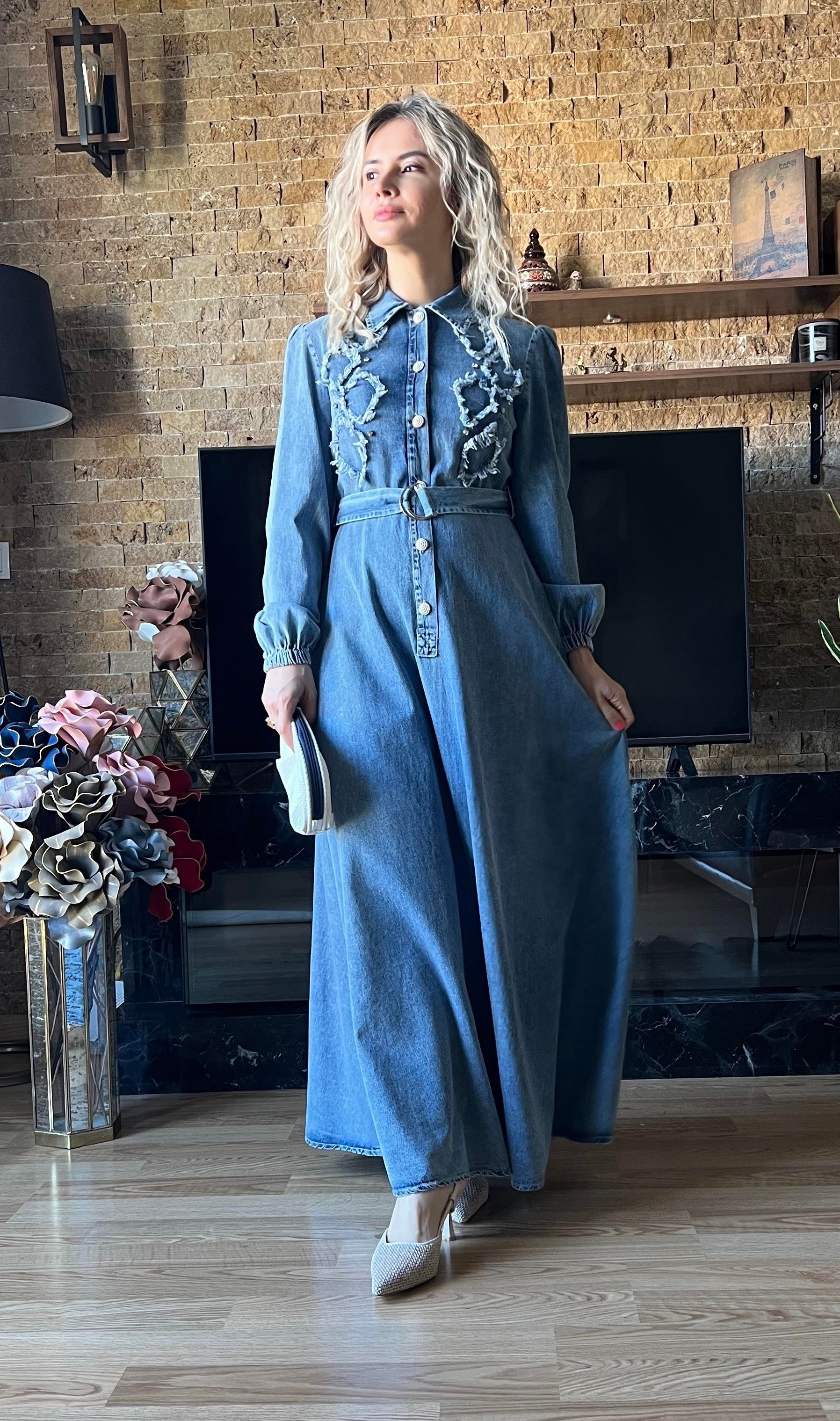 Kot Elbise Tesettür Uyumlu Denim Elbise