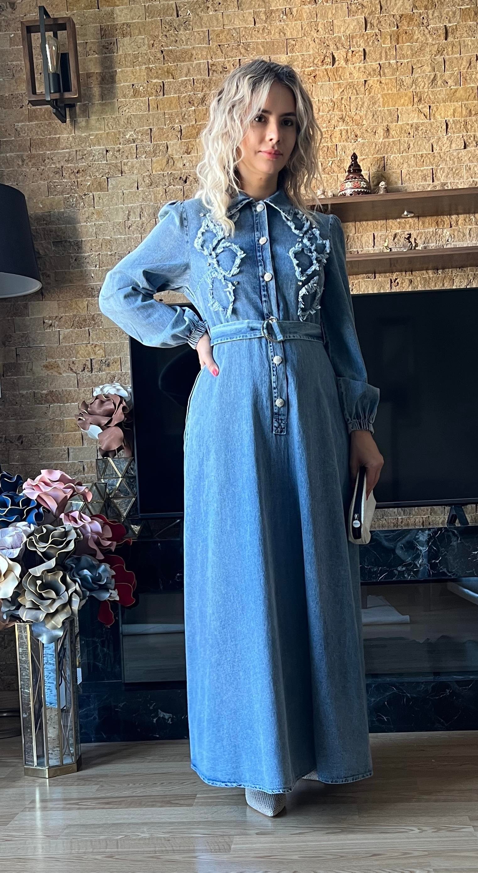 Kot Elbise Tesettür Uyumlu Denim Elbise