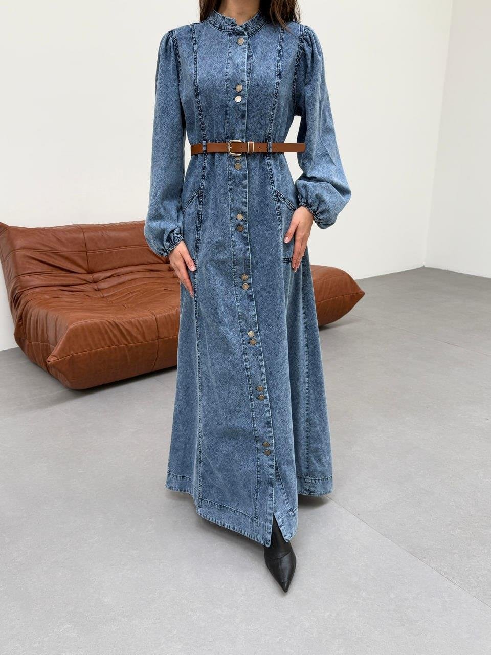 Premium Kalite Düğme ve Kemer Detaylı Denim Kot Elbise Tesettür Jean Elbise 148 cm