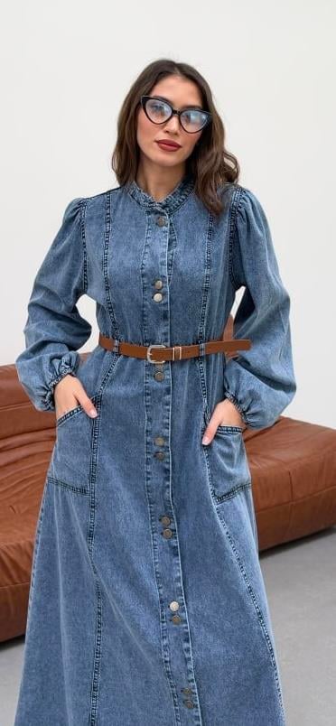 Premium Kalite Düğme ve Kemer Detaylı Denim Kot Elbise Tesettür Jean Elbise 148 cm