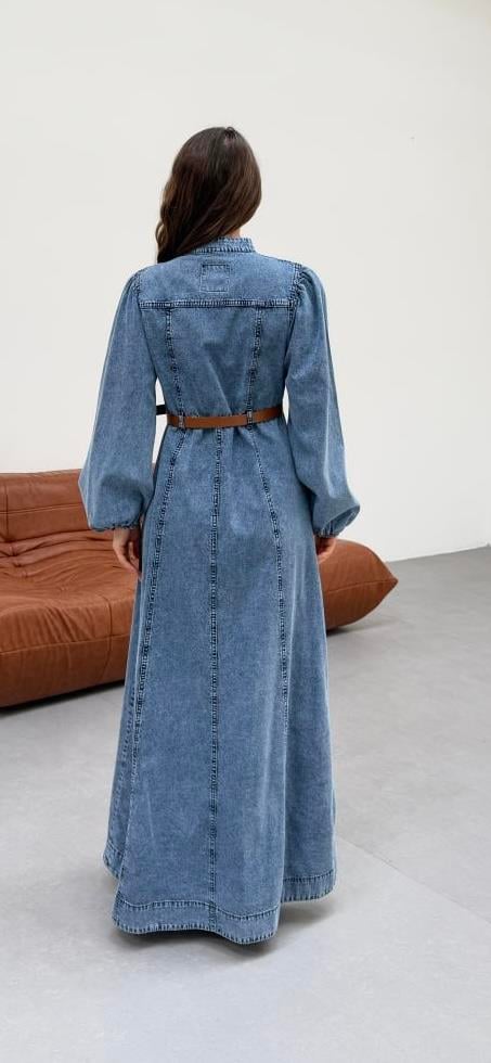 Premium Kalite Düğme ve Kemer Detaylı Denim Kot Elbise Tesettür Jean Elbise 148 cm