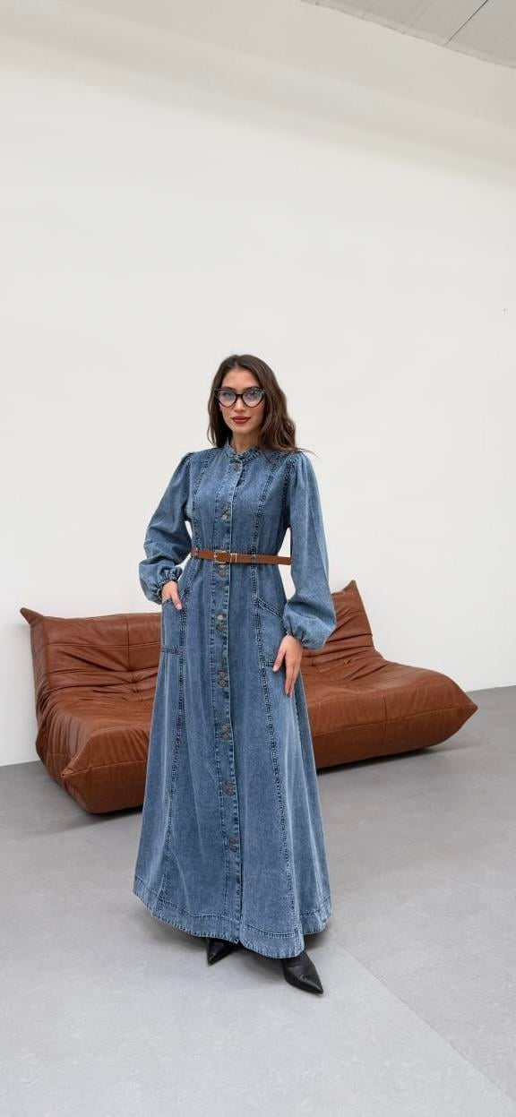 Premium Kalite Düğme ve Kemer Detaylı Denim Kot Elbise Tesettür Jean Elbise 148 cm