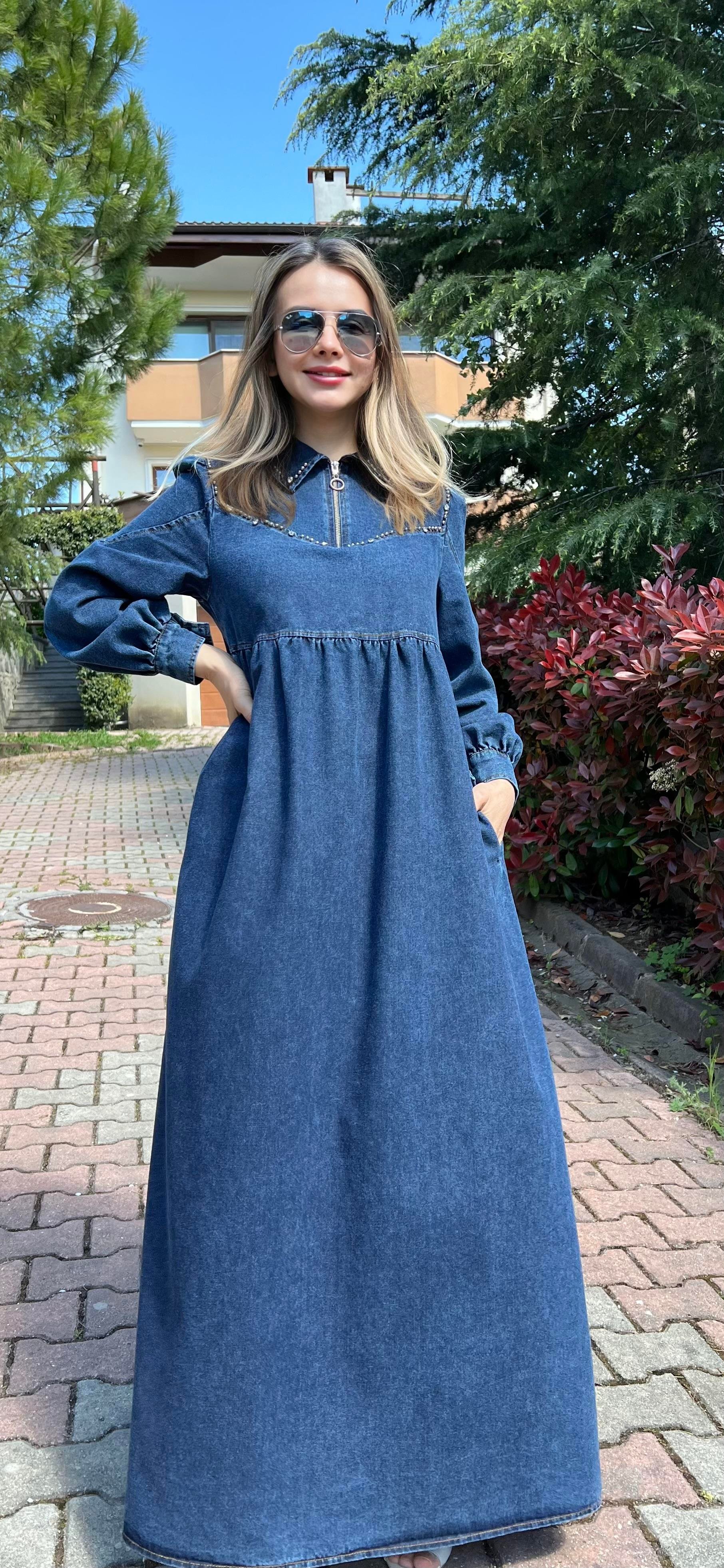 Premium Kalite Taş Süslemeli Yazlık Denim Kot Elbise Tesettür Jean Elbise 145 cm