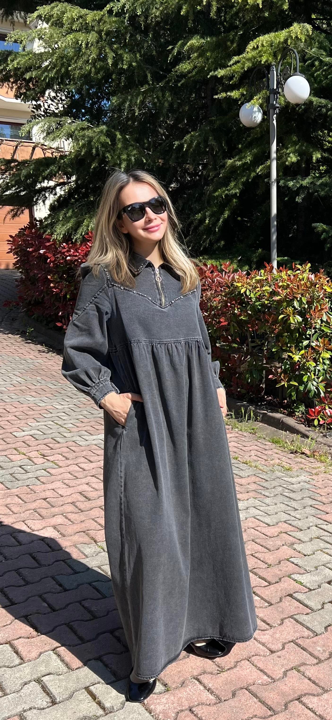 Premium Kalite Taş Süslemeli Yazlık Denim Kot Elbise Tesettür Jean Elbise 145 cm